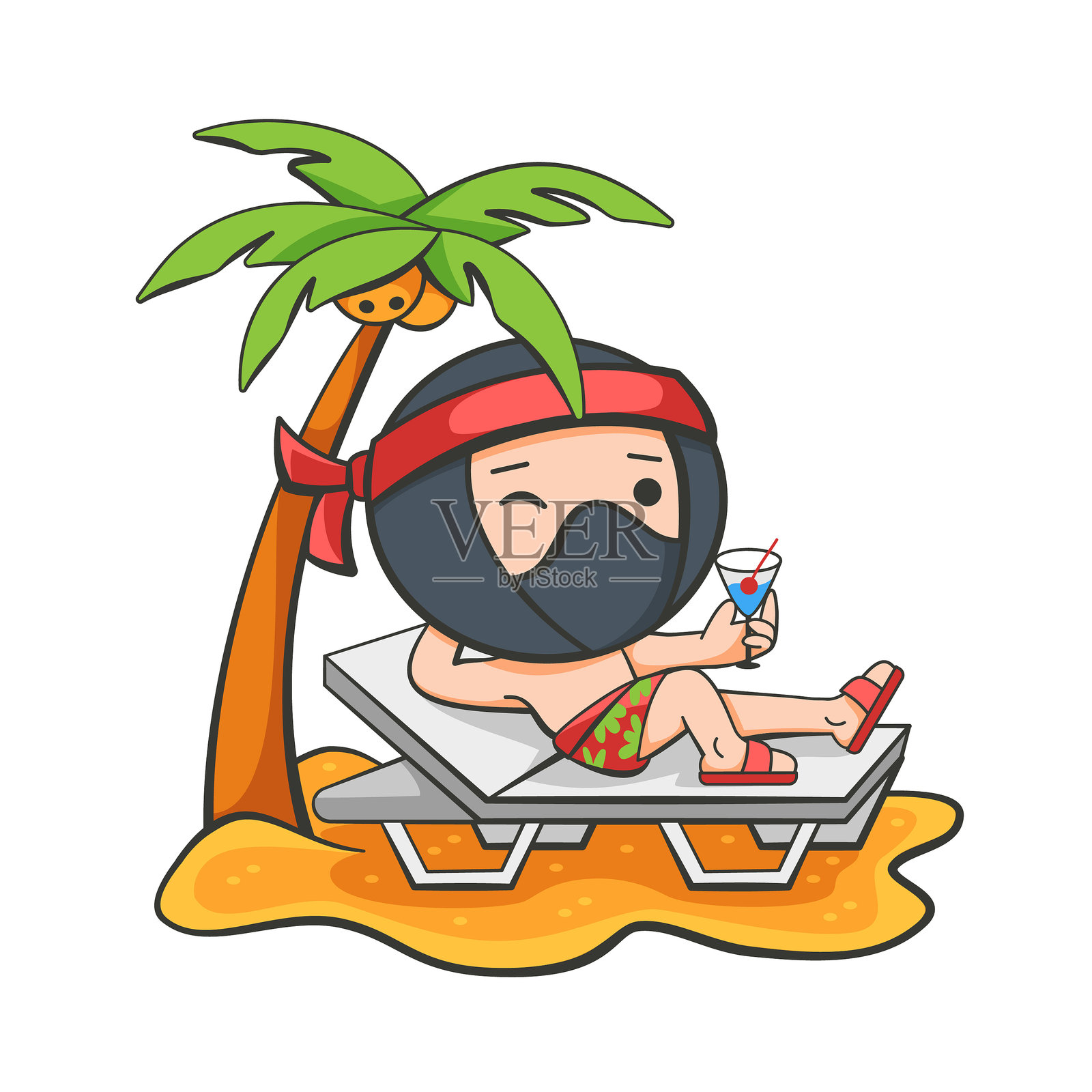 在可爱的卡通风格中，描绘在棕榈树下享受鸡尾酒的海滩放松场景。插画图片素材