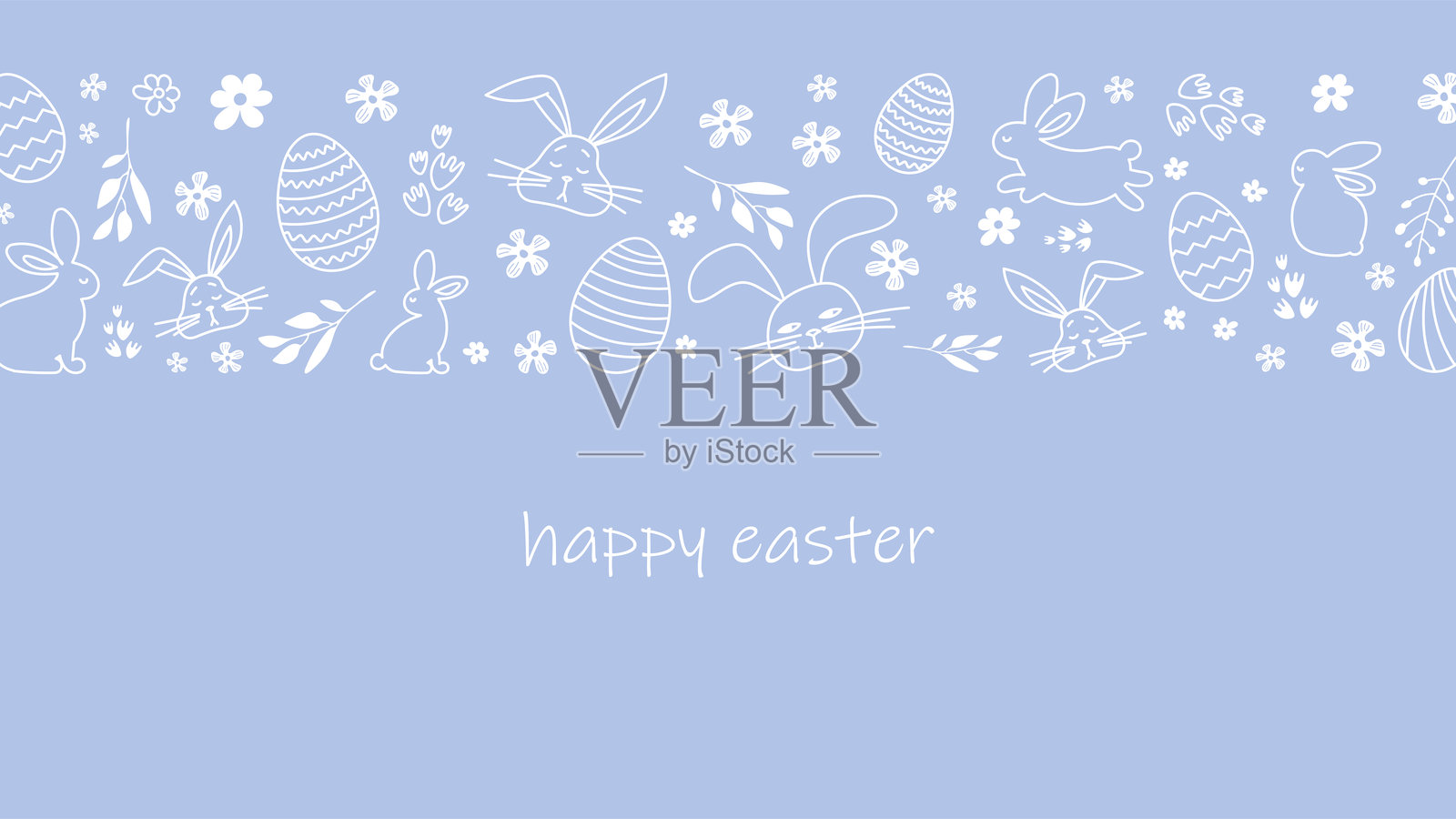 复活节快乐。以宗教节日为主题的贺卡。横幅上手绘的兔子、复活节彩蛋和花朵。可用于海报、邀请函和预览。薰衣草色背景。插画图片素材