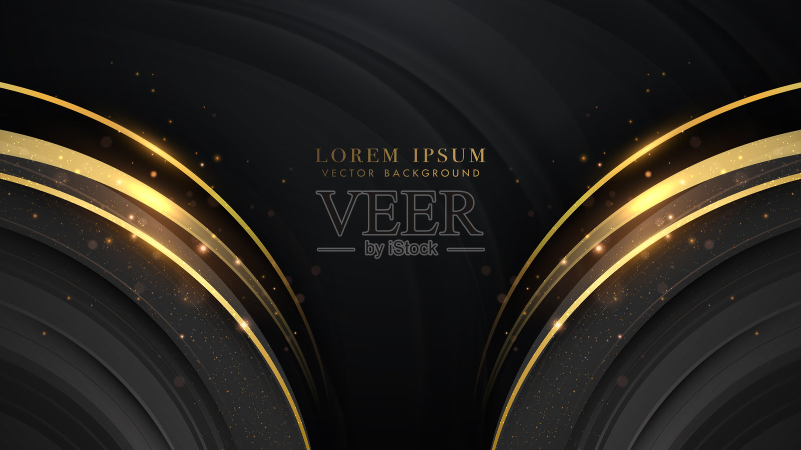 奢华的黑色和金色抽象背景，闪烁的金色曲线和发光的粒子插画图片素材