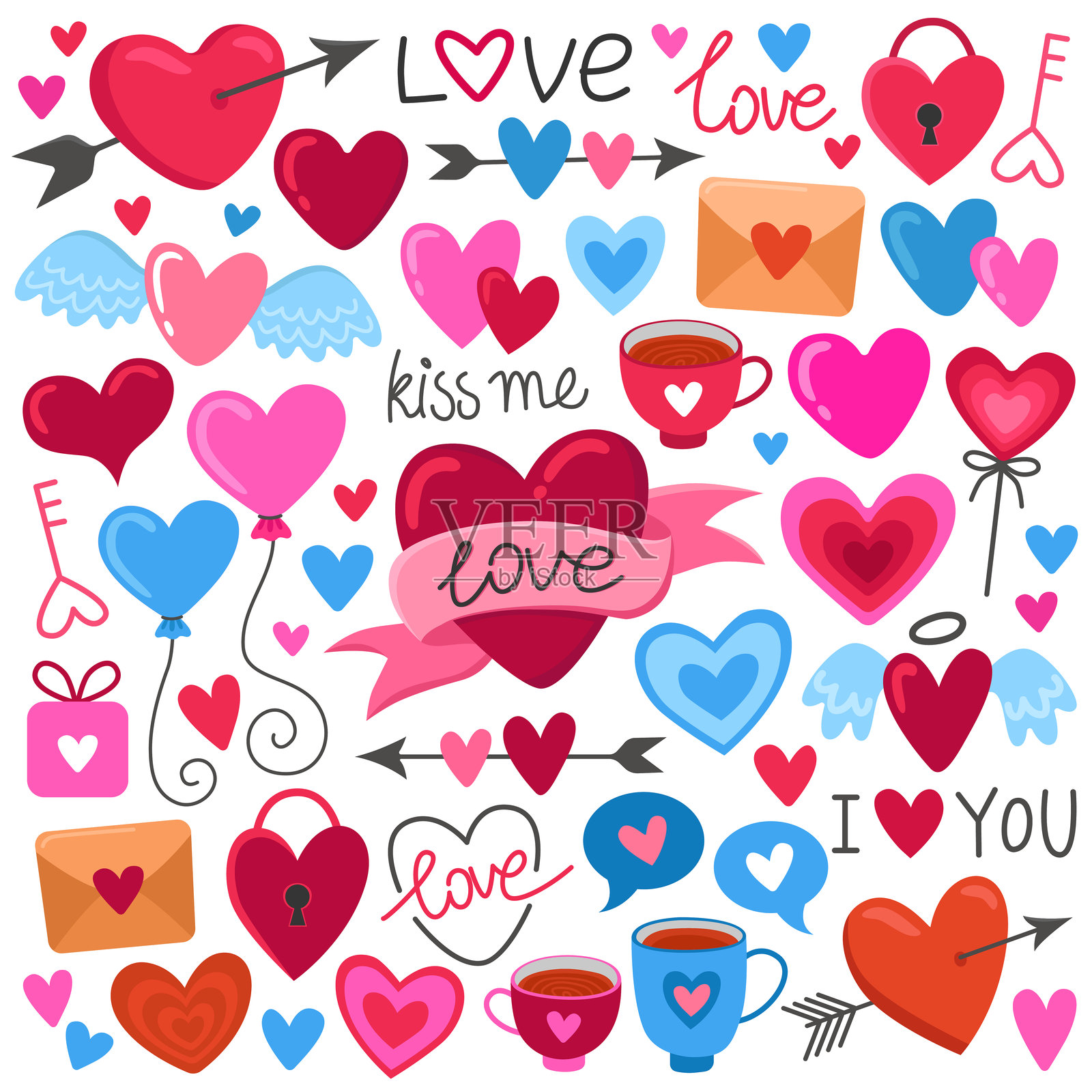 情人节涂鸦套装。爱情主题图标和插图。插画图片素材