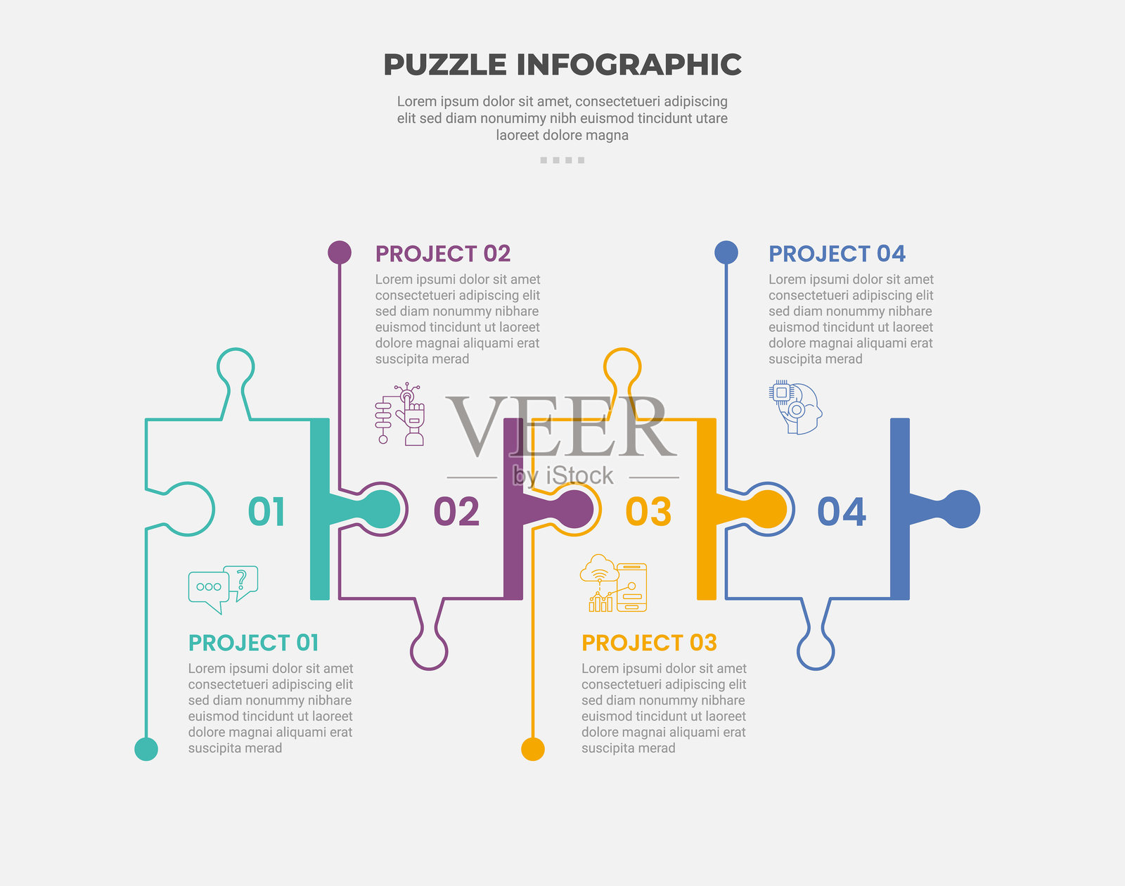 拼图信息图表轮廓风格，带有4个要点模板，方形框以横向排列，适用于幻灯片演示。插画图片素材