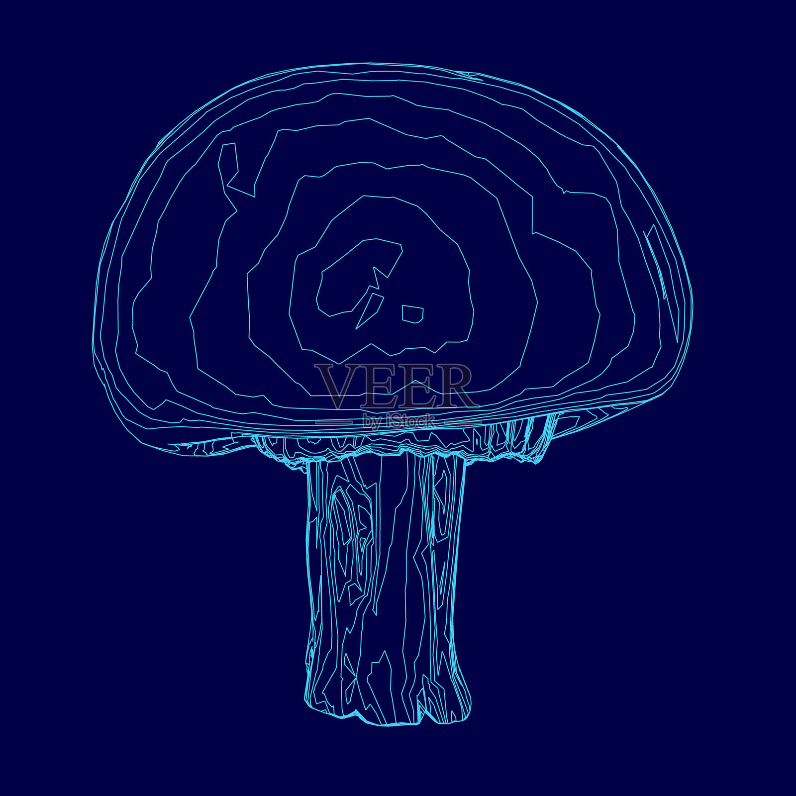 蓝色蘑菇与蓝色背景相映衬。蘑菇以一种风格化的方式绘制，重点突出其形状和轮廓。蓝色背景增添了深度感。插画图片素材