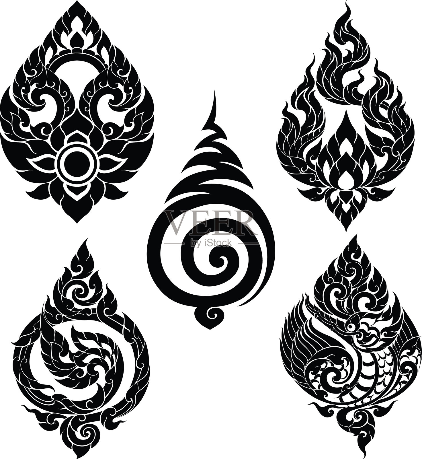 泰式图案风格的平面插图，配有剪影图案作为装饰插画图片素材