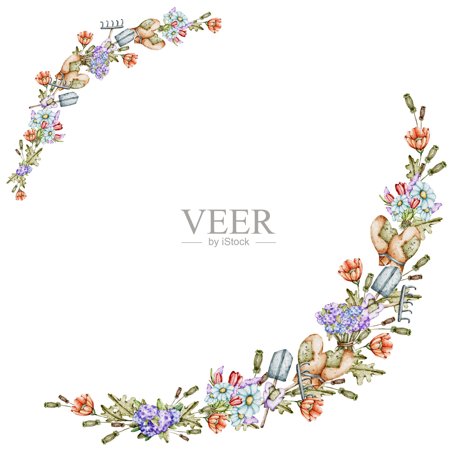 水彩数字框架 花园朋友：兔子和刺猬插画图片素材