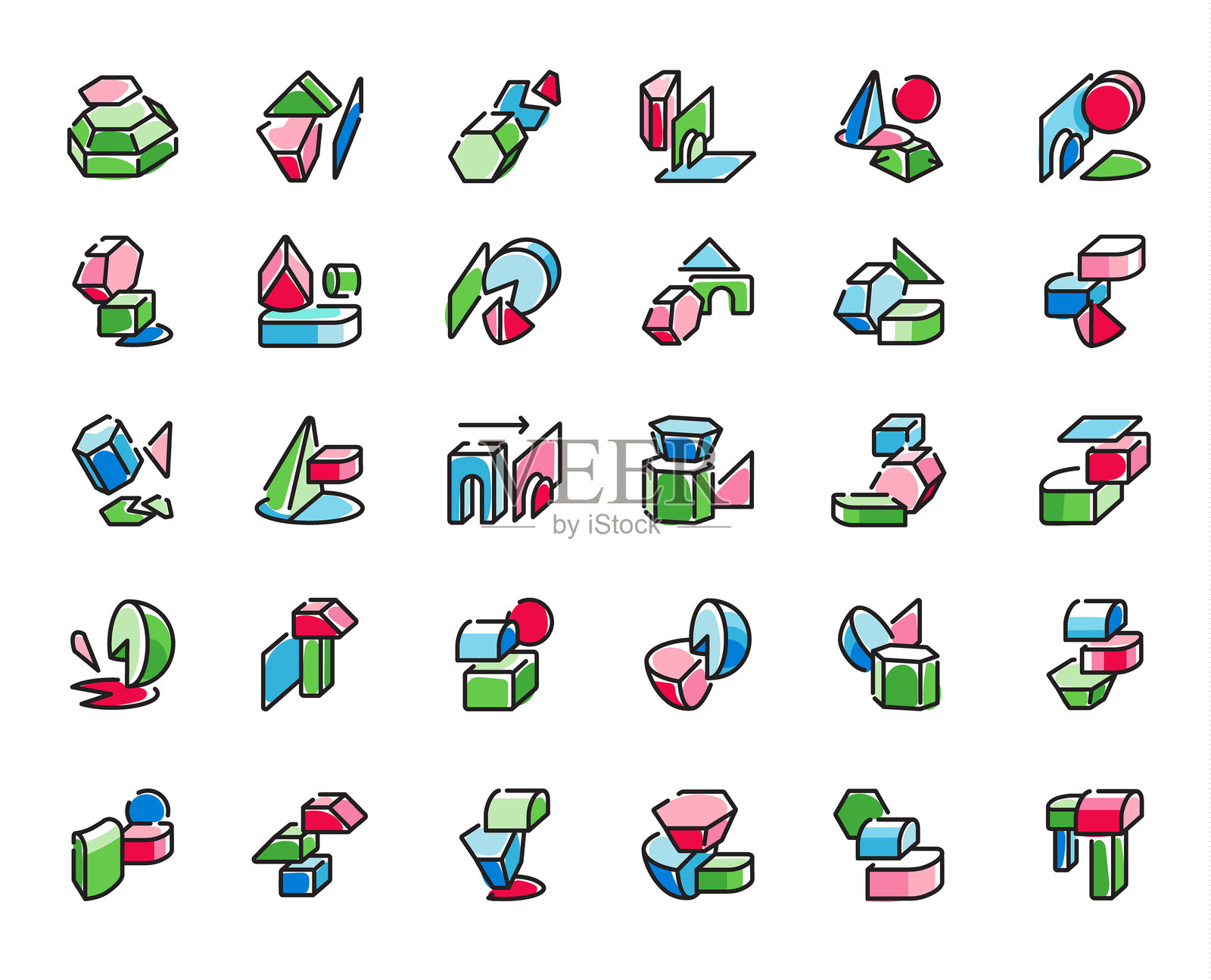 一套动态的CAD符号和图标，展示复杂的建筑和结构元素，具有现代设计。可编辑的线条。插画图片素材