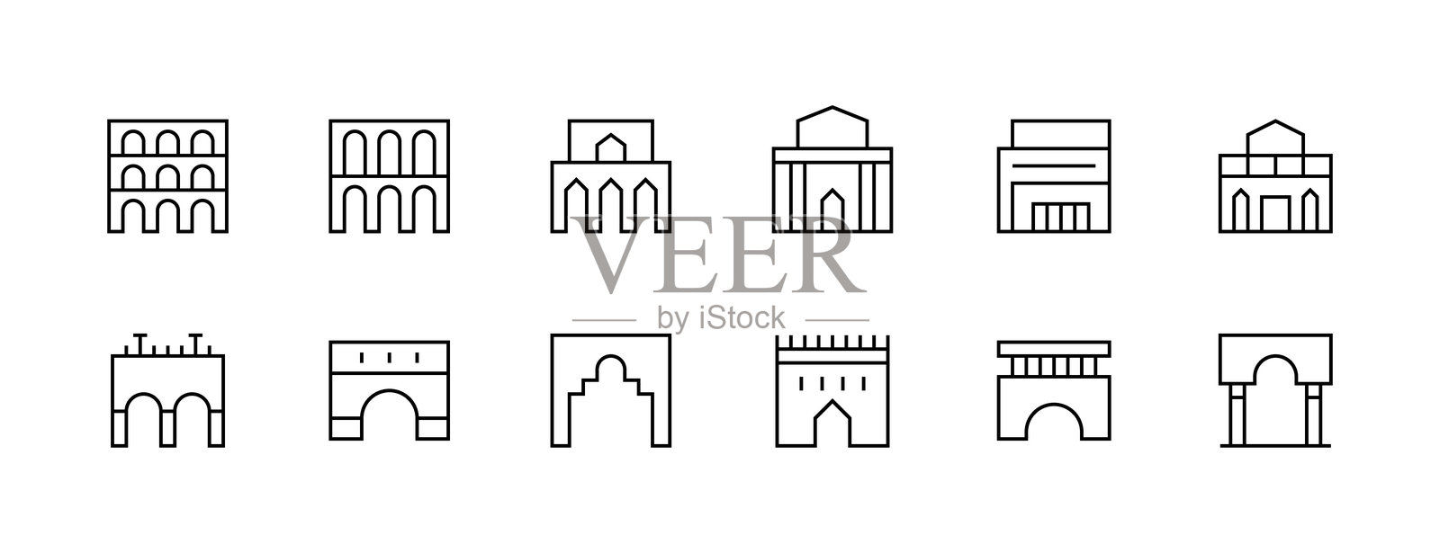 建筑和地标图标集合。插画图片素材