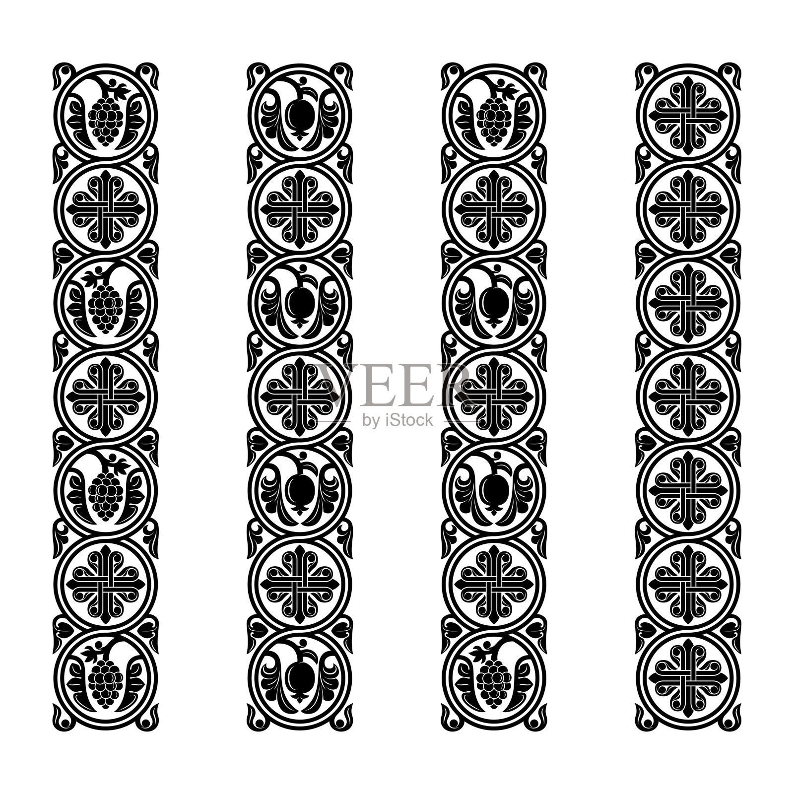 一组装饰性的黑色图案，包含象征性的植物和十字架，重叠的圆圈。木雕模板。插画图片素材