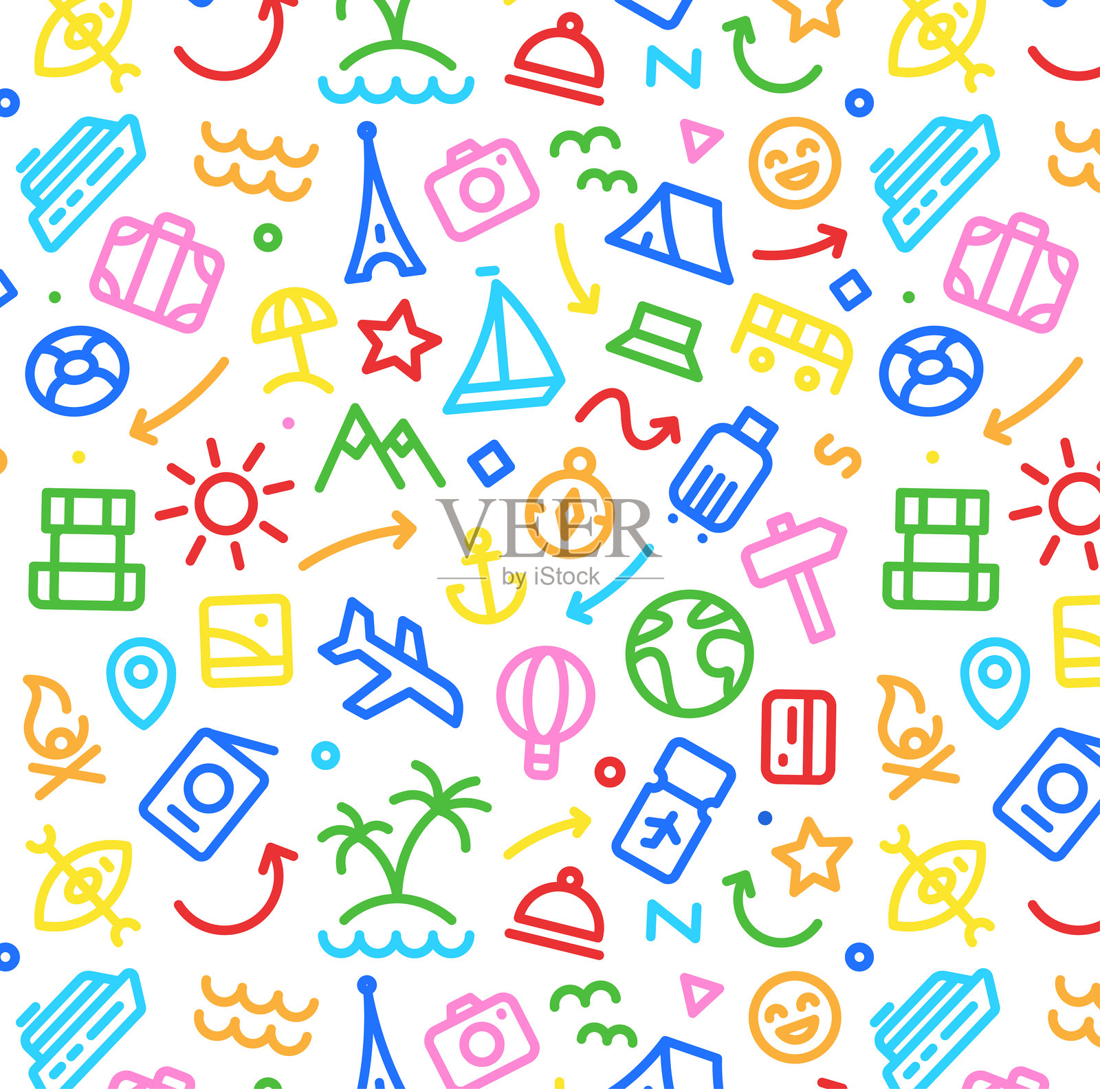 矢量无缝图案。公路冒险。关于旅行、旅游、徒步旅行、夏季、假期、露营的线条图标插画图片素材