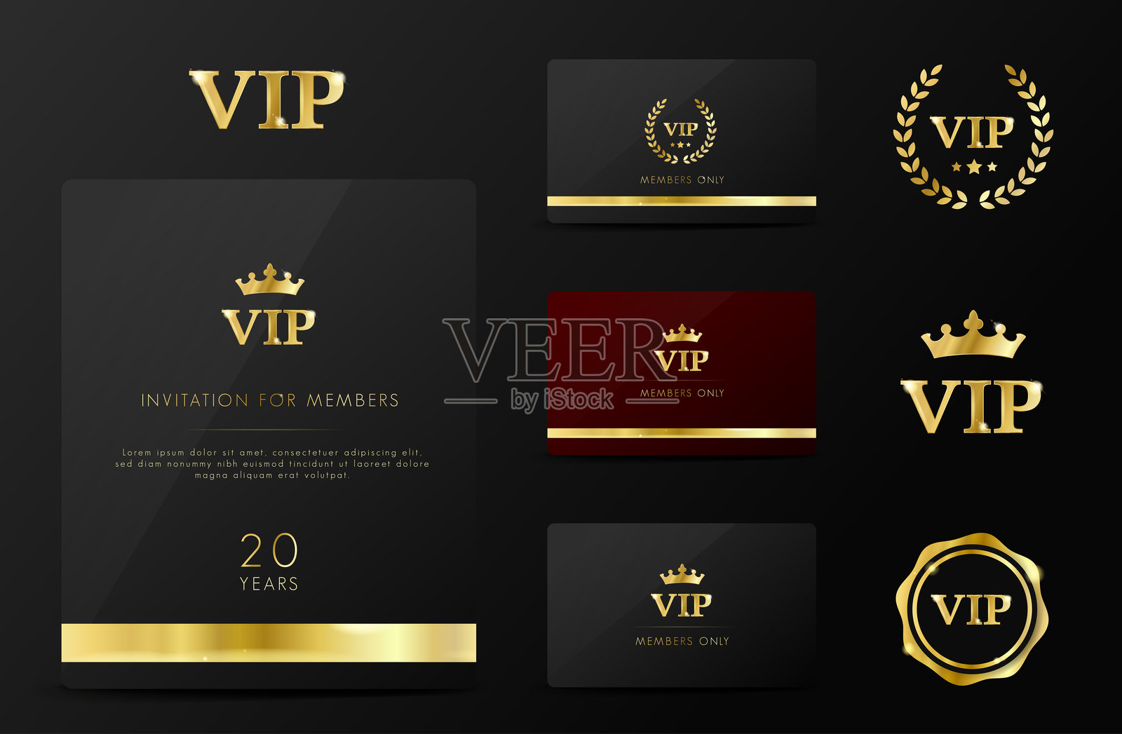 豪华金色VIP卡，配有优雅的VIP卡模板。仅限会员的现代名片。奢华设计。插画图片素材