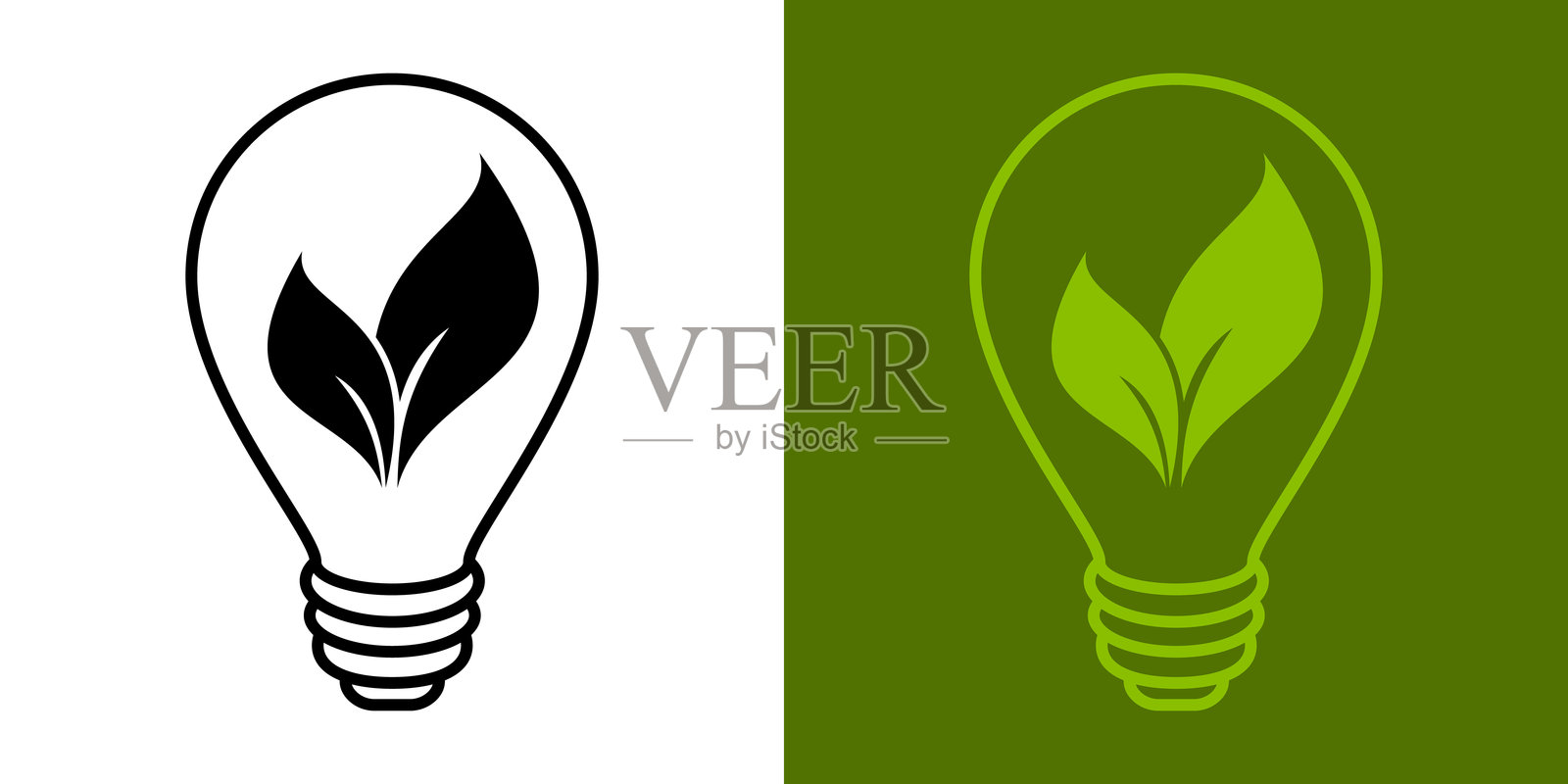 带有绿叶的电灯泡。节能符号。绿色能源和环保来源的标志概念。世界环境日。带有绿叶的能源图标。插画图片素材