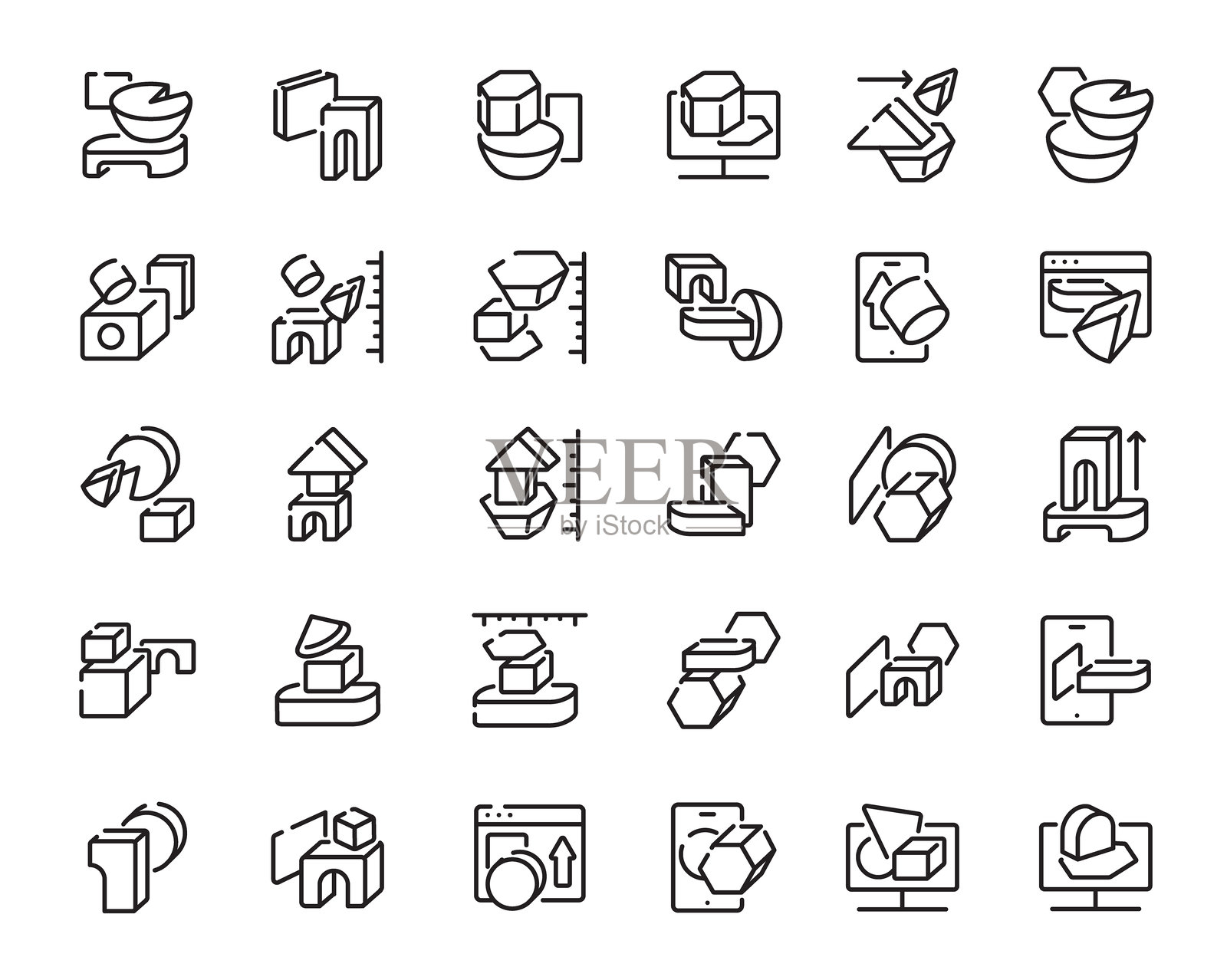 创新线条图标集，包含计算机辅助设计（CAD）、3D建模和工程概念，可编辑笔触，矢量插图插画图片素材