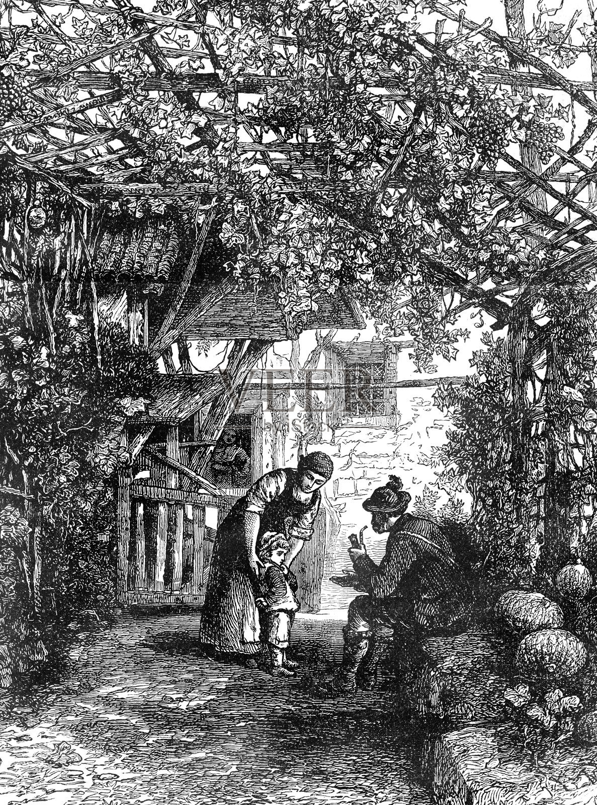 1885年，家庭在房子后面的花园里与一个孩子在一起插画图片素材