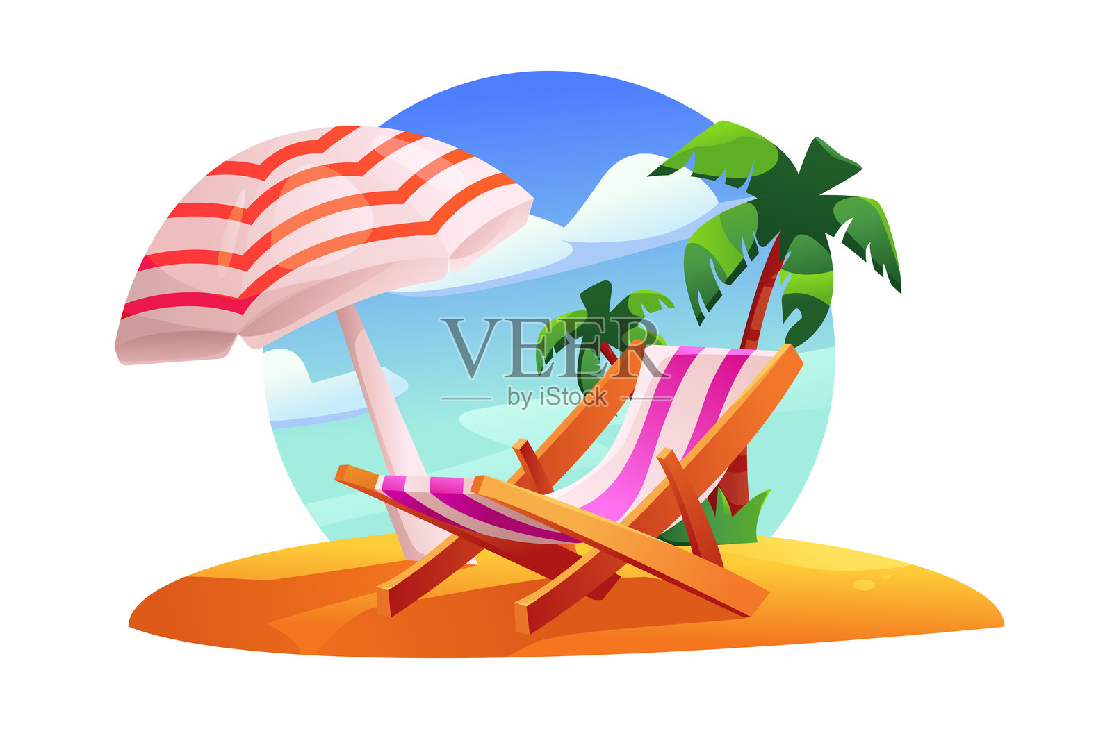 沙滩伞和沙滩椅。夏季假期，旅行时光概念。卡通矢量插图。插画图片素材