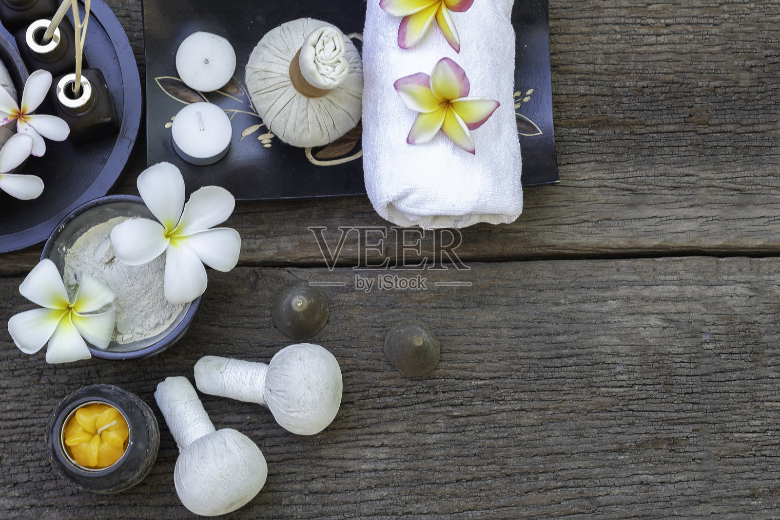 泰式水疗美容按摩健康养生背景，泰国水疗护理与产品。生活方式与放松概念。照片摄影图片