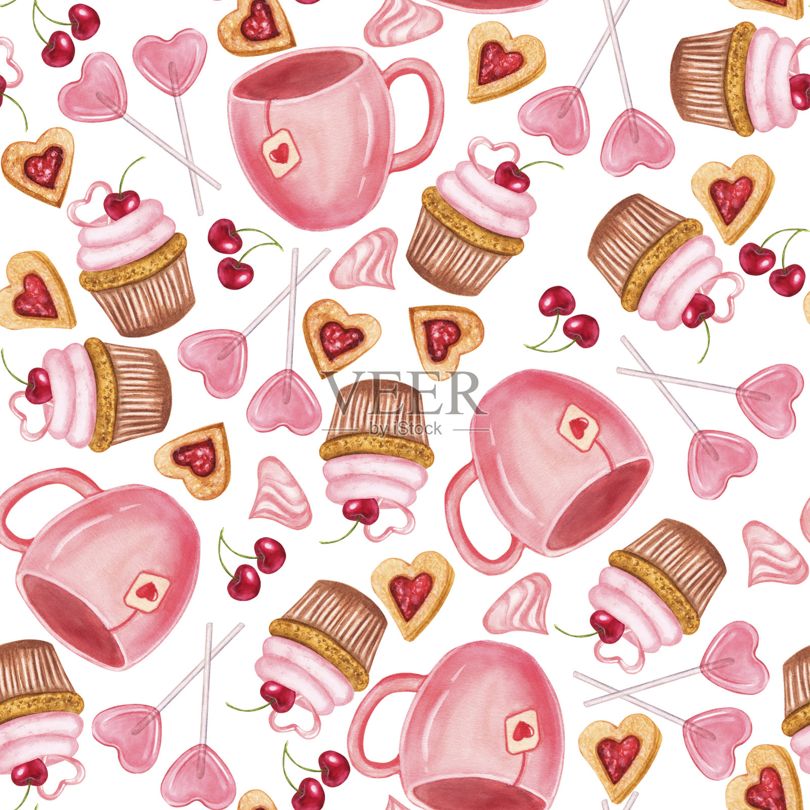情人节杯子、饼干、棒棒糖和樱桃的无缝图案。爱意的概念。手绘水彩插图，背景为白色。适用于纺织品、印刷和包装纸。插画图片素材