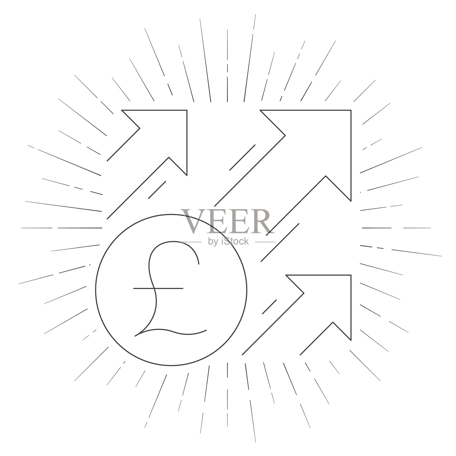 英镑上涨。白色背景上的线条图标，带有阳光辐射效果。插画图片素材