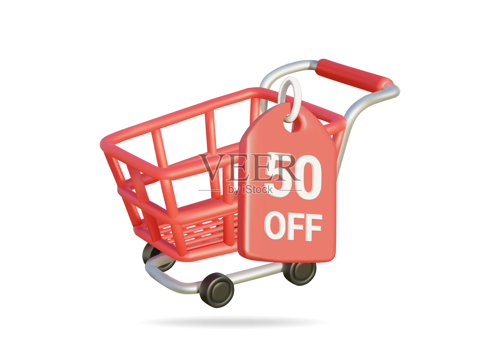 红色购物车图标的3D矢量渲染插图，带有50%折扣标志，用于展示促销或产品销售的创意，背景为白色。插画图片素材