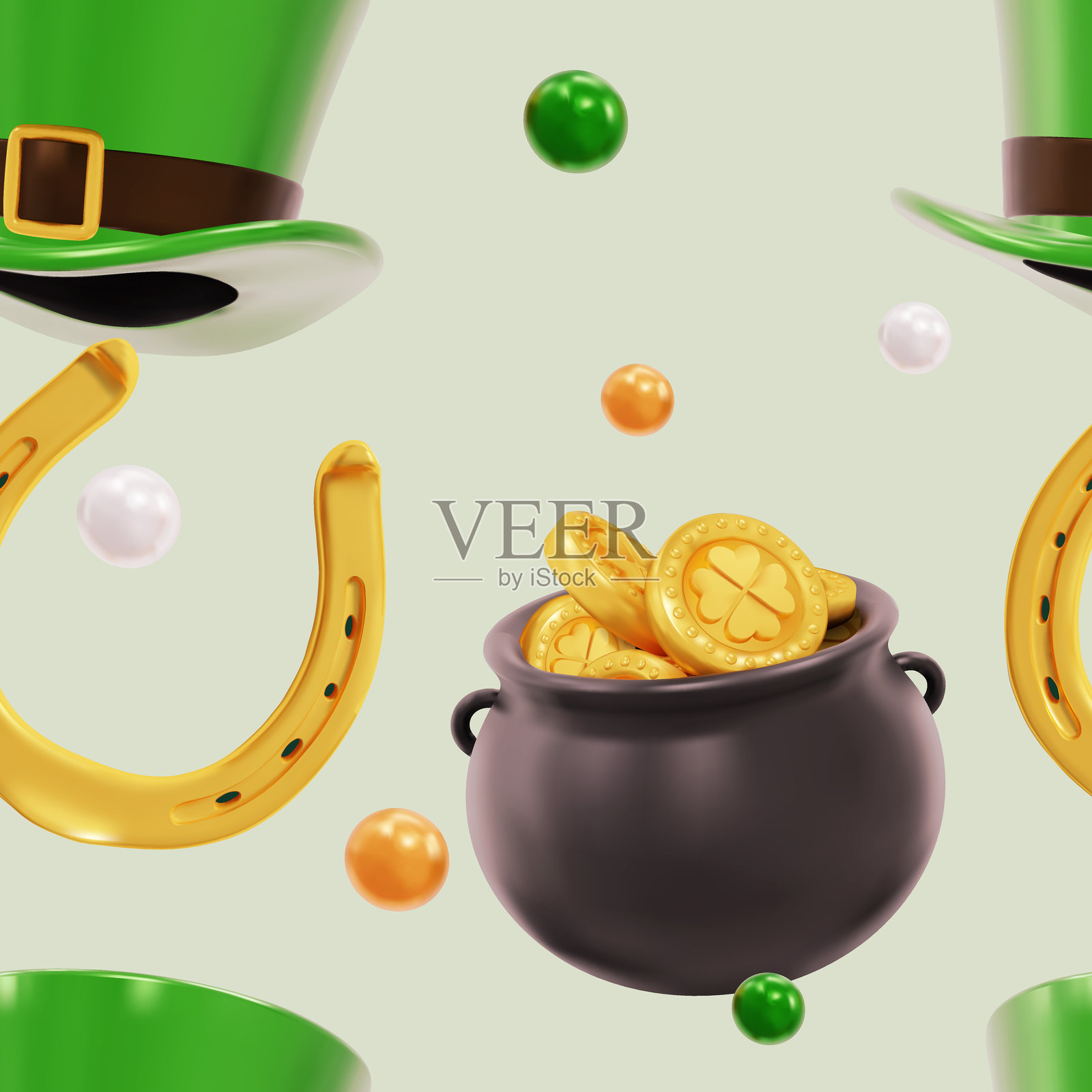 圣帕特里克节无缝图案，包含3D三叶草、装满金币的锅。金币、幸运草。爱尔兰。凯尔特。圣帕特里克节。无缝图案矢量插图。背景为白色。插画图片素材