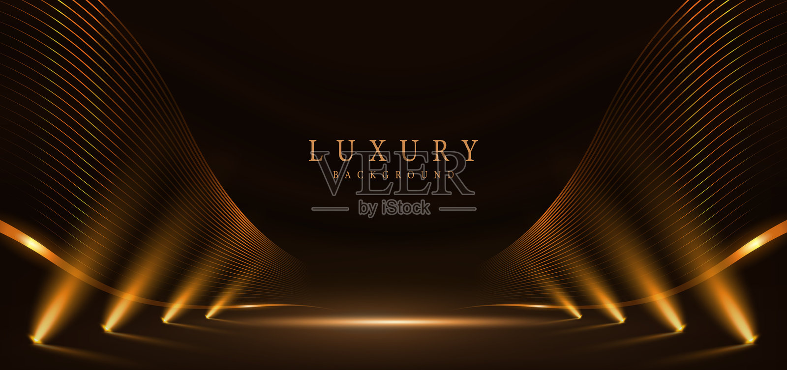 优雅的金色发光曲线，带有光效和闪烁效果，背景为黑色。高端奖项设计模板。矢量插图。插画图片素材