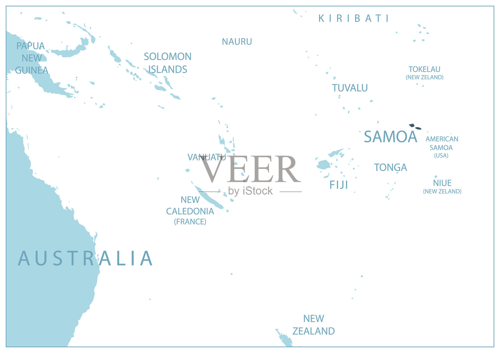 萨摩亚 - 蓝色地图，显示邻国及其名称。插画图片素材