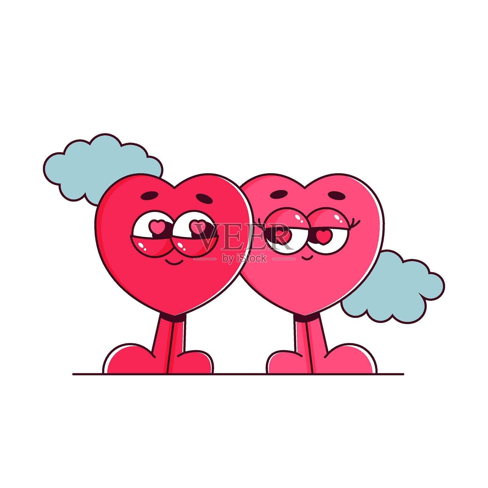 复古风格的角色与心形图案。相爱的情侣，迷人而迷幻的面具吉祥物。快乐的情人节。背景为白色。插画图片素材