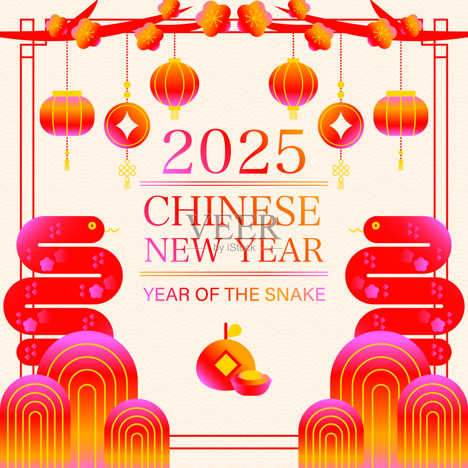 极简渐变春节横幅方形模板。插画图片素材