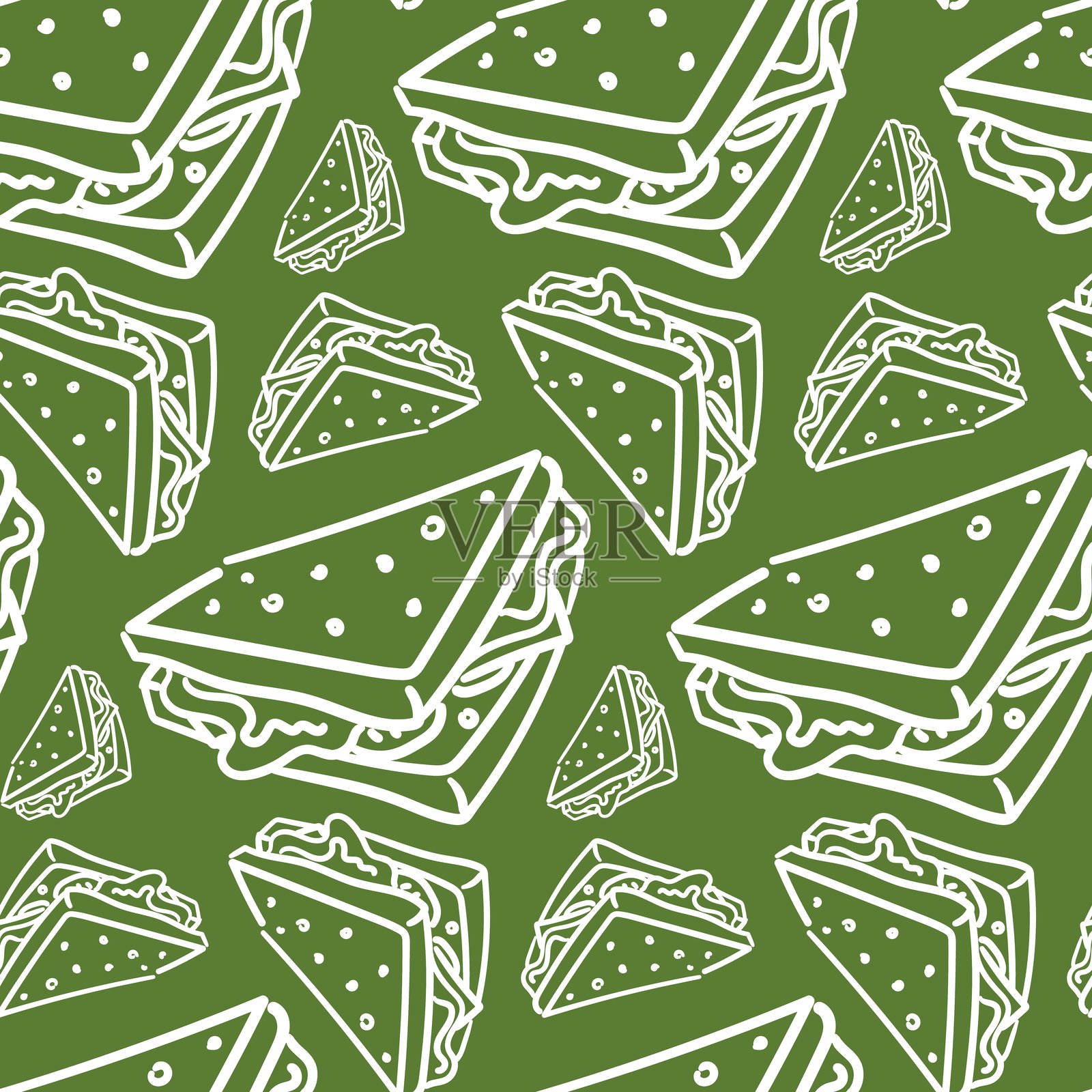 手绘白色线条三明治的无缝矢量图案，背景为绿色。食品设计元素，适合与食品行业相关的任何业务。可用于纺织品和纸张印刷，产品包装。插画图片素材