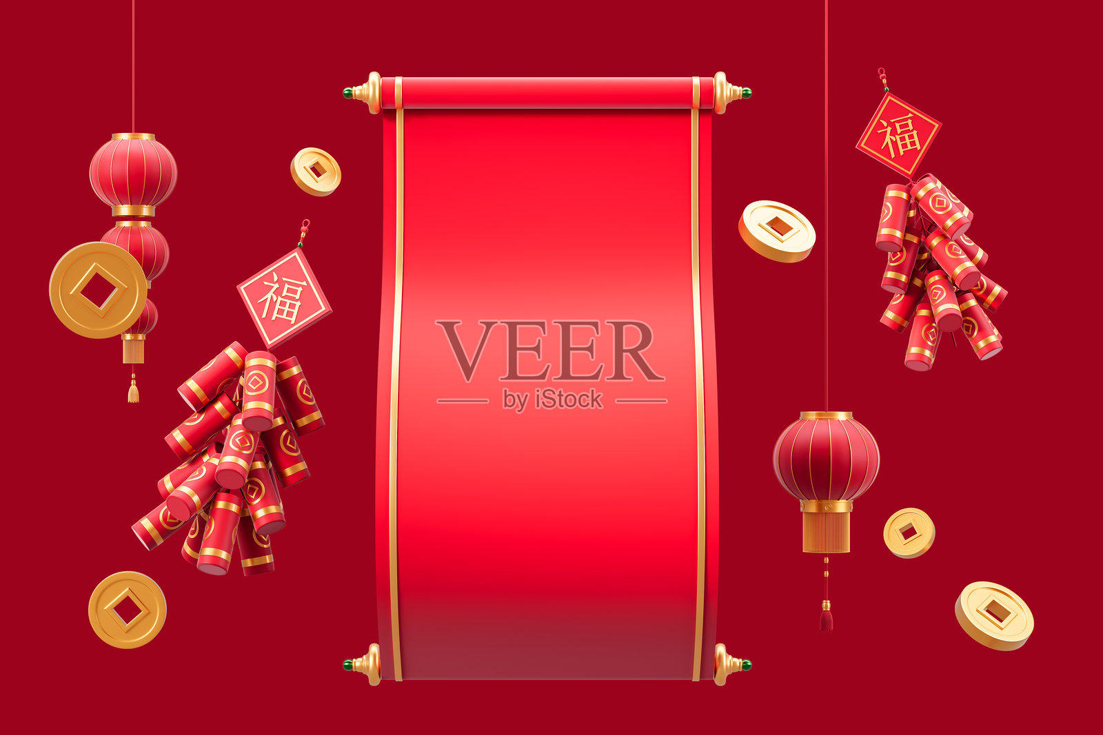 春节对联和装饰在红色背景上。3D渲染照片摄影图片