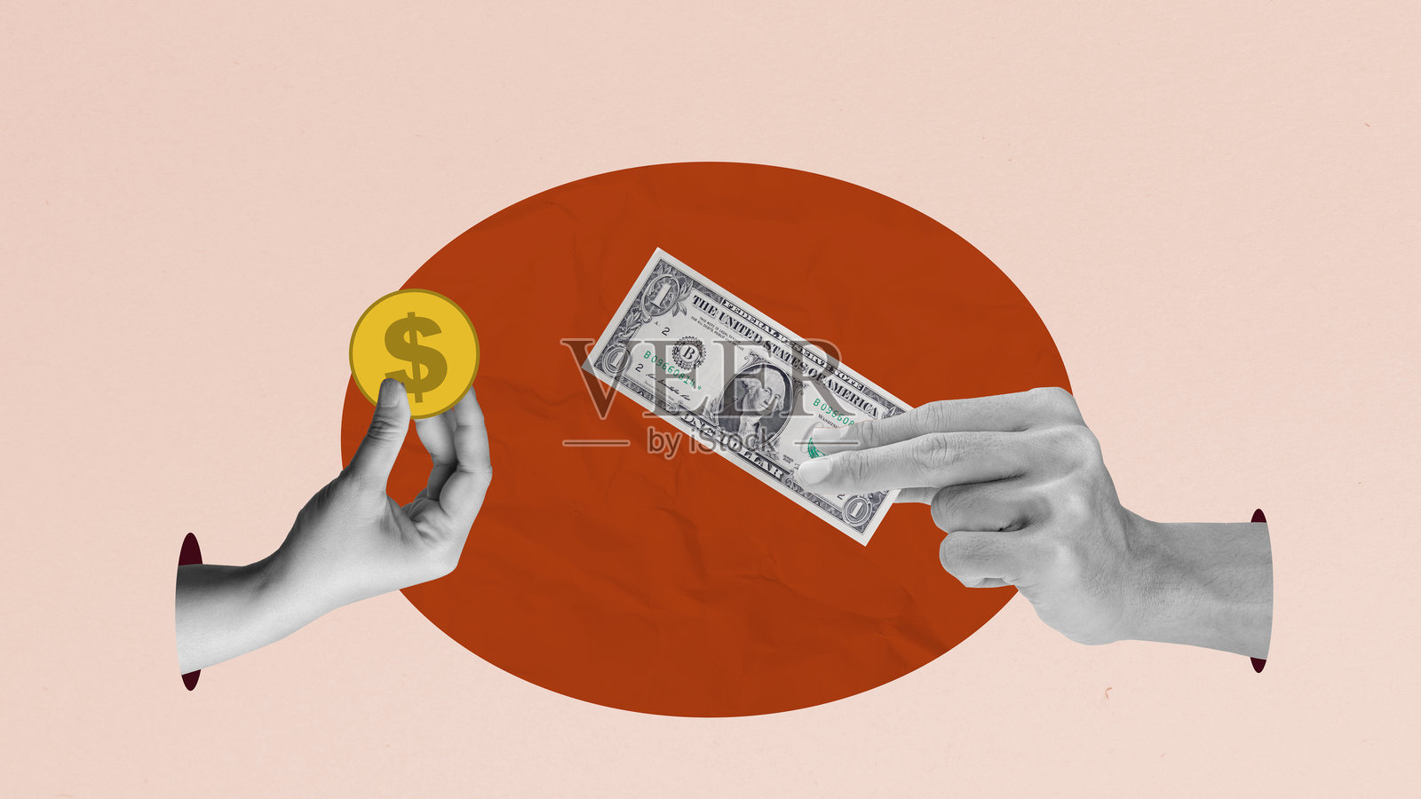 人手握着美元钞票和一枚金色美元硬币，背景色彩丰富照片摄影图片