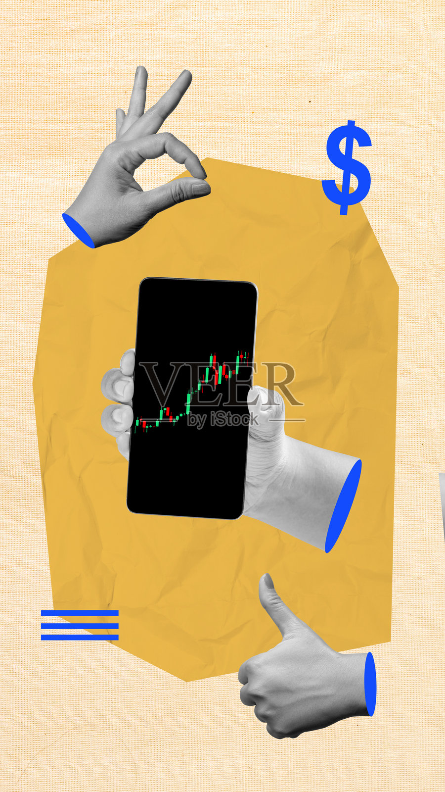 一只手握着手机，屏幕上显示着金融市场图表，手势为竖起大拇指和OK手势，背景为彩色。照片摄影图片