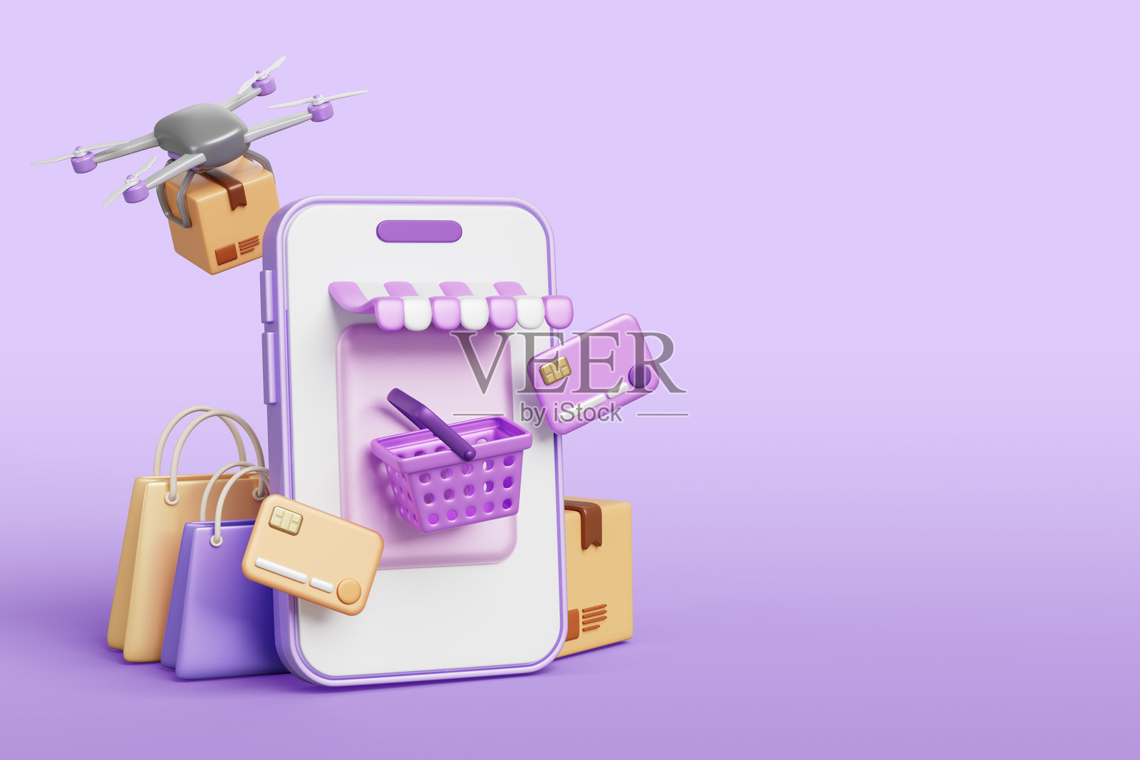 3D在线配送服务横幅。手机屏幕上显示购物篮、购物袋、遮阳篷和信用卡。无人机快递员在紫色背景上运送包裹箱。照片摄影图片