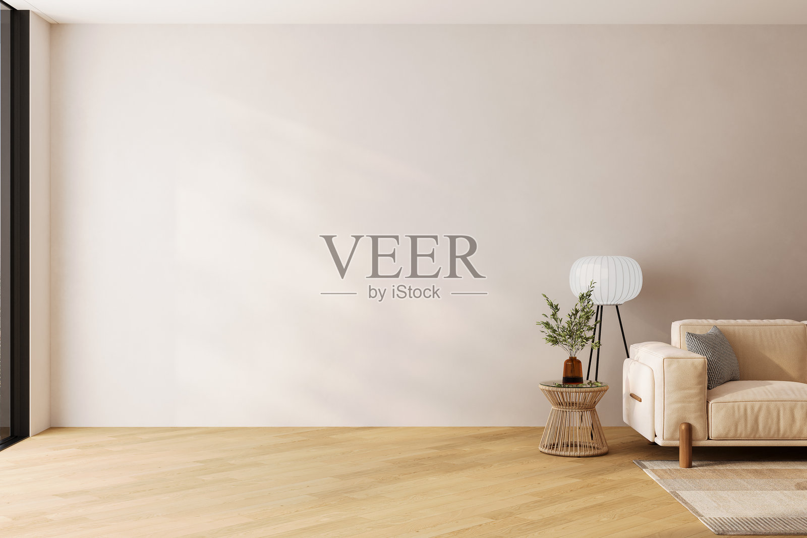 温暖色调的客厅室内墙面模型，配有米色沙发、靠垫、格子布、植物、桌子和波西米亚风格的装饰，背景为空白墙面。照片摄影图片