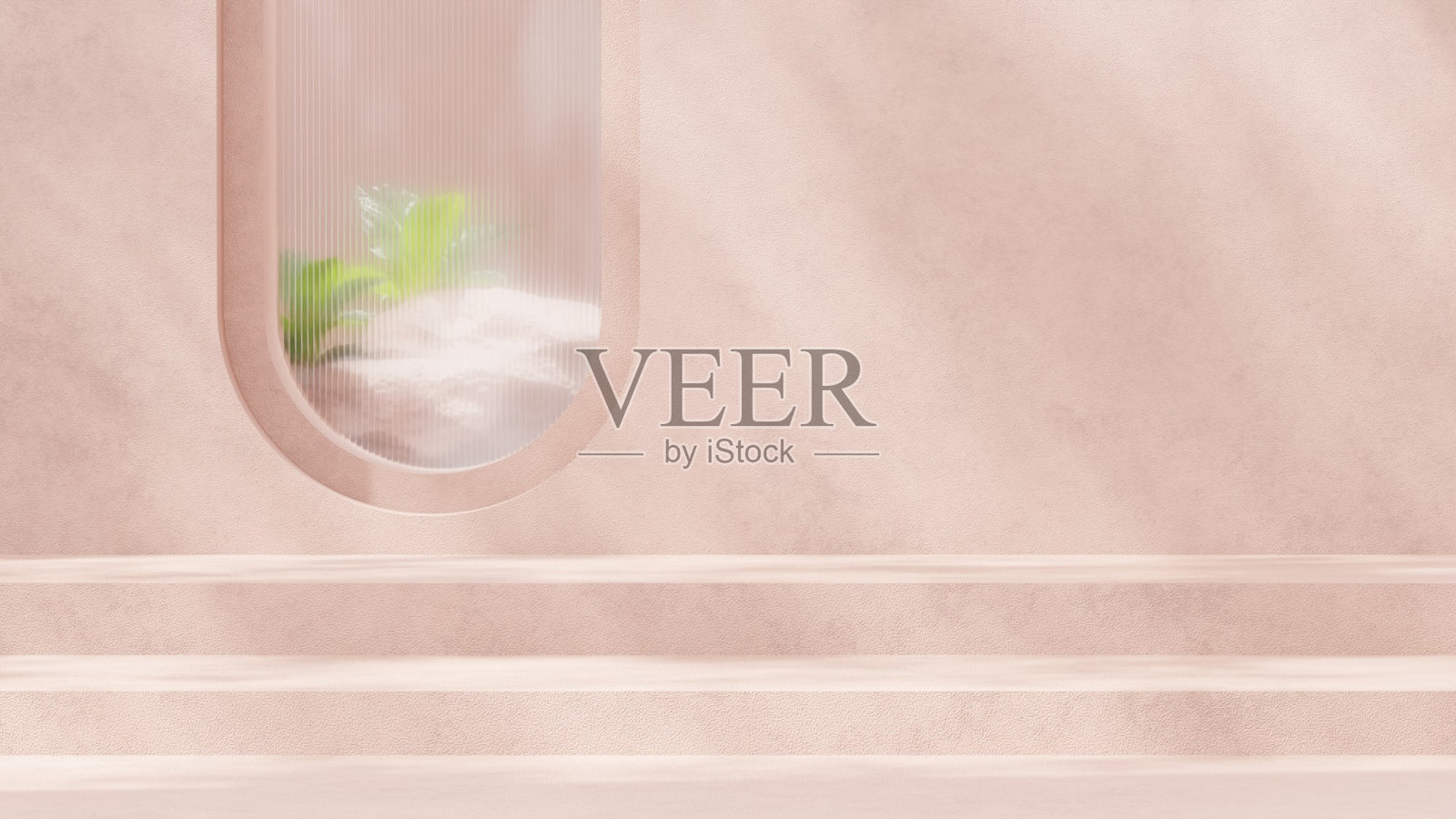 场景模型：粉色讲台在横向布局中，旁边有一株绿色植物和一个玻璃元素。照片摄影图片