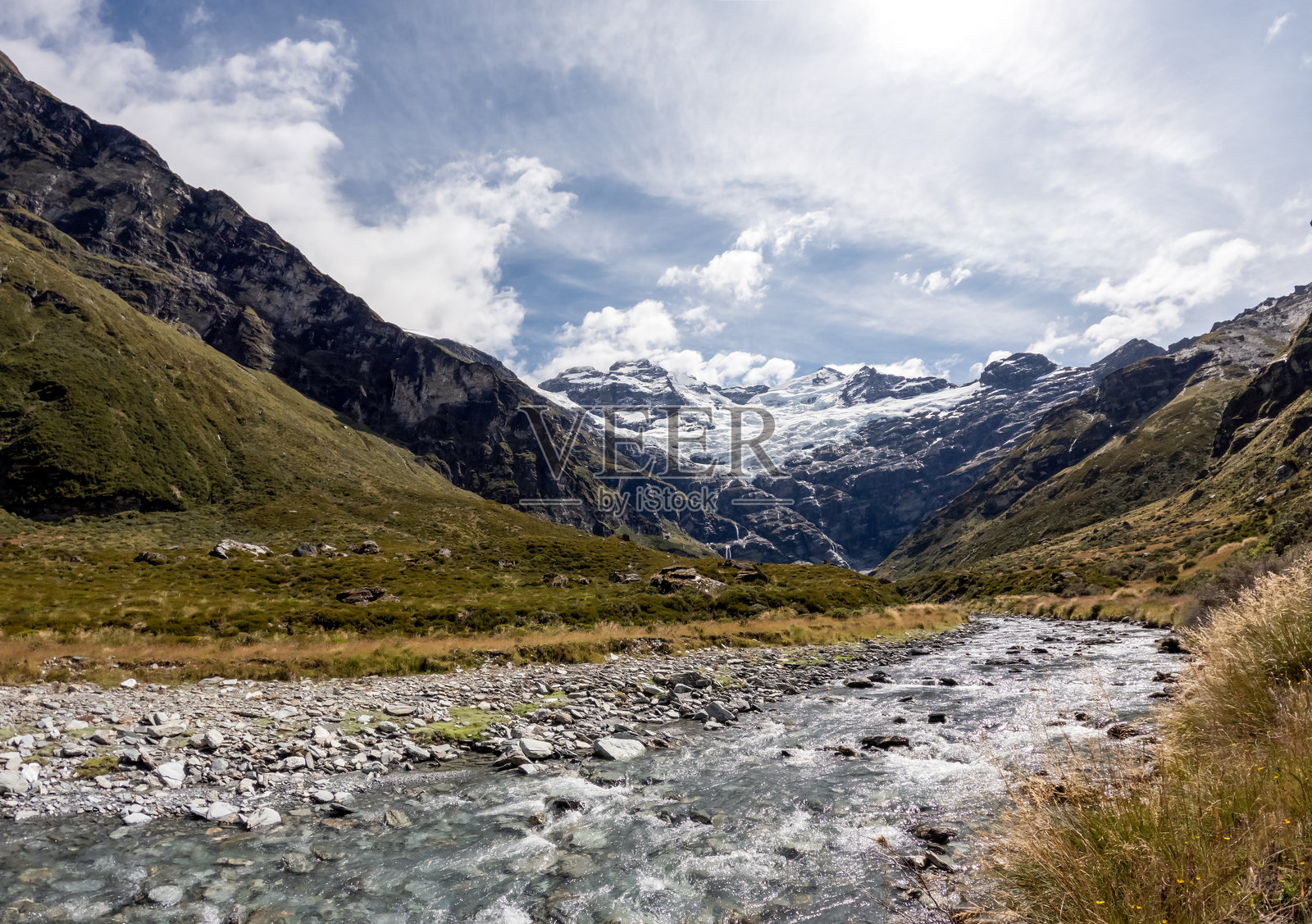 新西兰南阿尔卑斯山恩斯劳山的悬挂冰川和冰瀑布 – 崎岖的高山景观，冰川冰和雪顶山峰照片摄影图片
