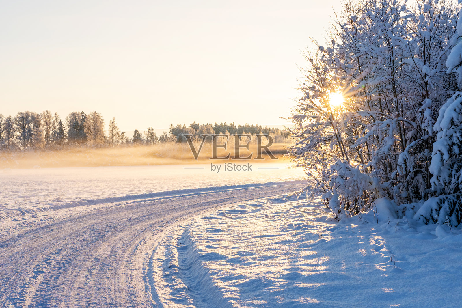 在寒冷的日落时分，爱沙尼亚乡村一条弯曲的雪-covered道路向右转。照片摄影图片