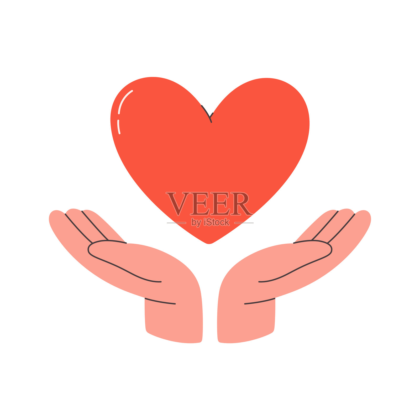 两只手握着红色的心。爱的概念，浪漫关系，帮助，关心，慈善，公益和捐赠。平面风格的矢量插图。插画图片素材