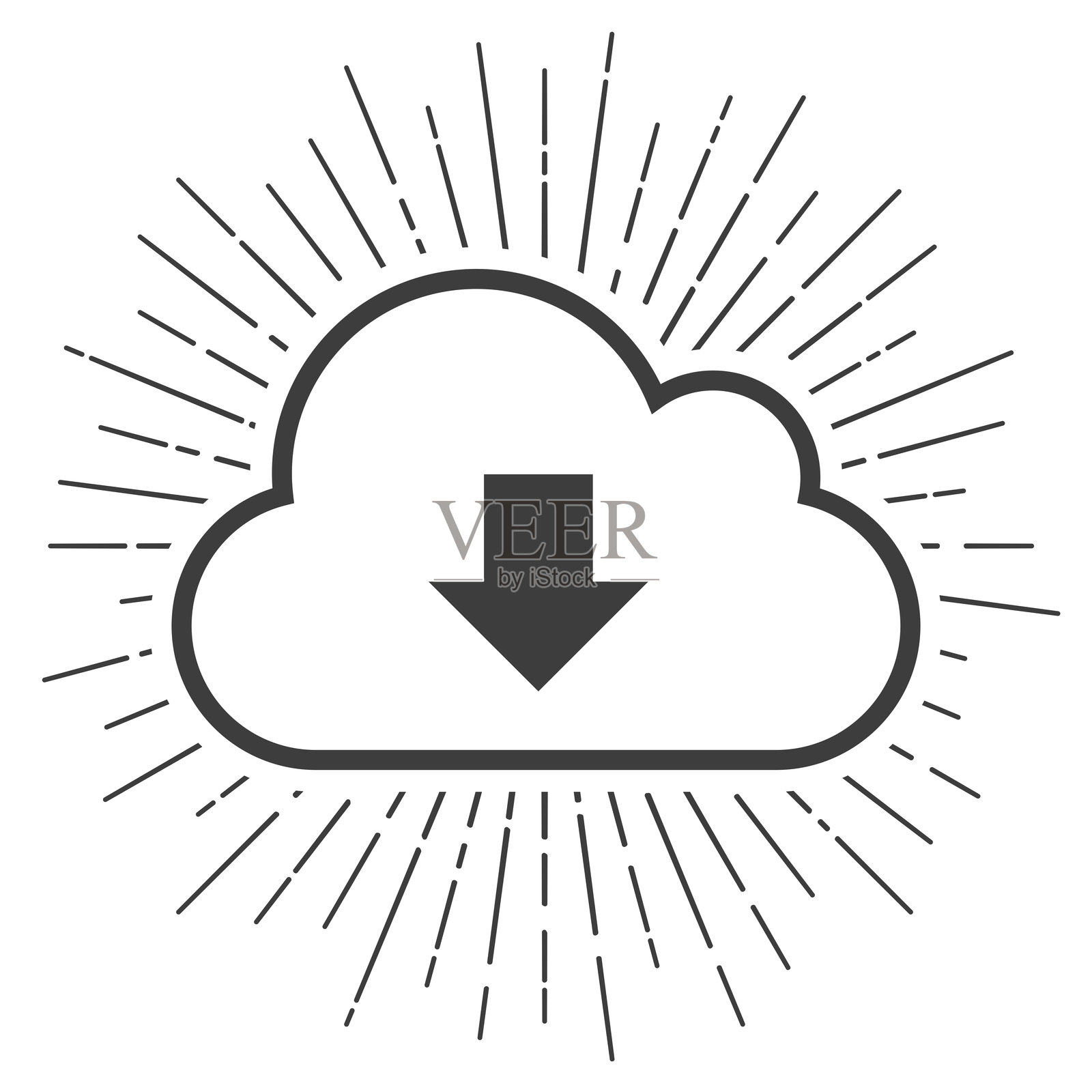 云下载。带有阳光辐射的图标，背景为白色插画图片素材