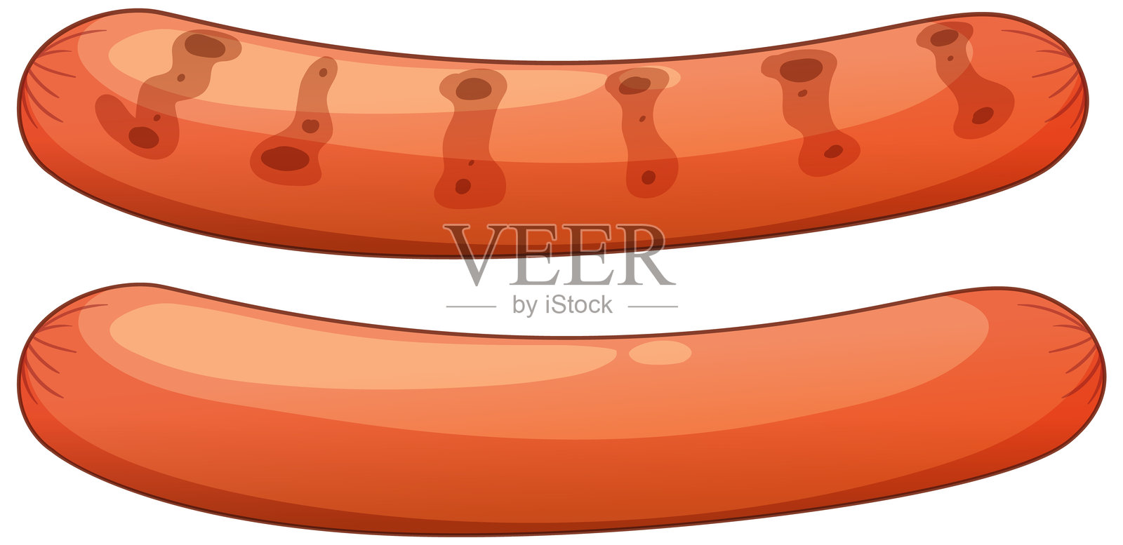 两根带有烤痕的香肠，卡通风格插画图片素材