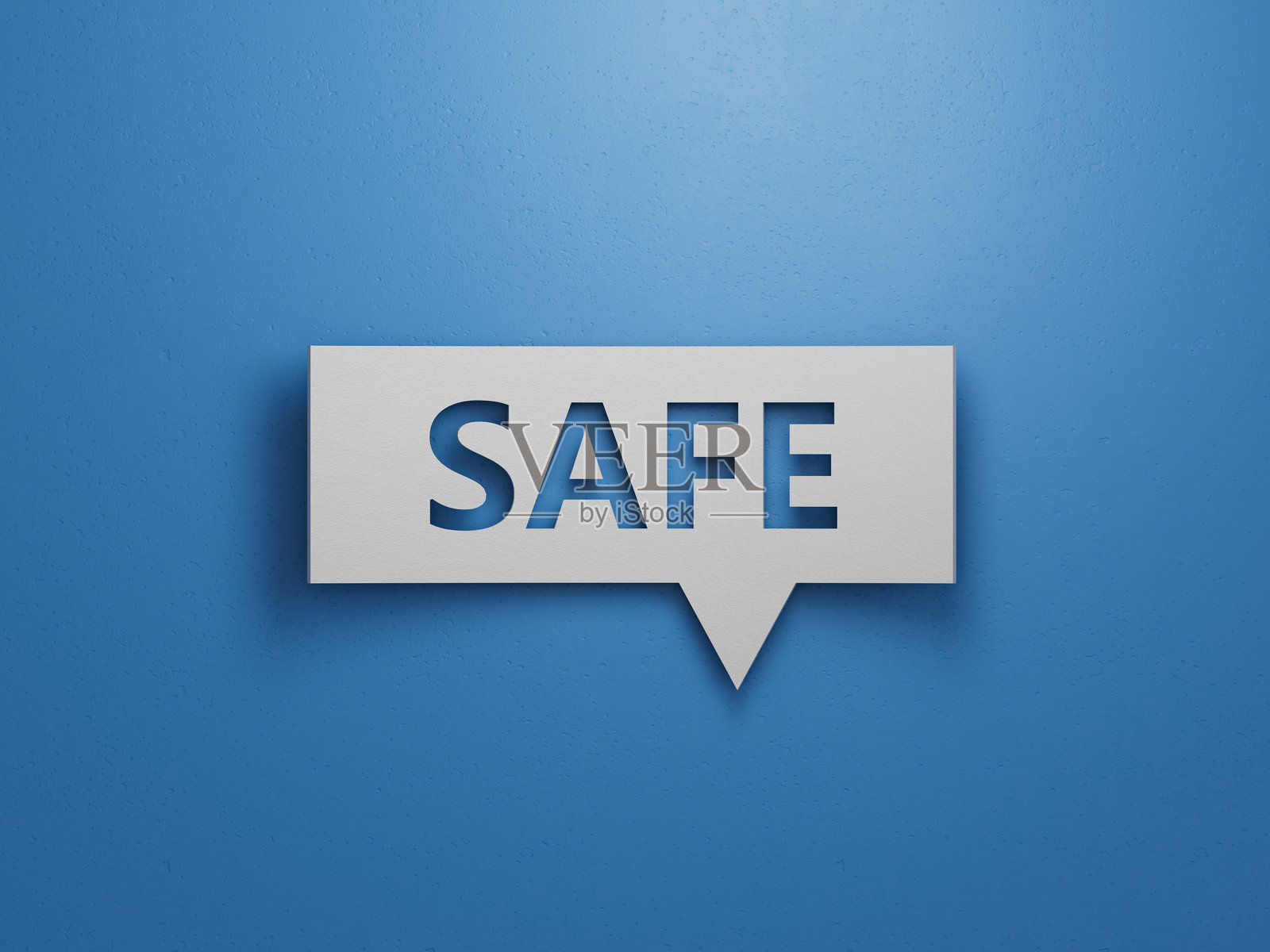 带有“安全”商业词汇的对话气泡块。极简抽象设计，白色剪纸效果。蓝色背景上的3D渲染。照片摄影图片