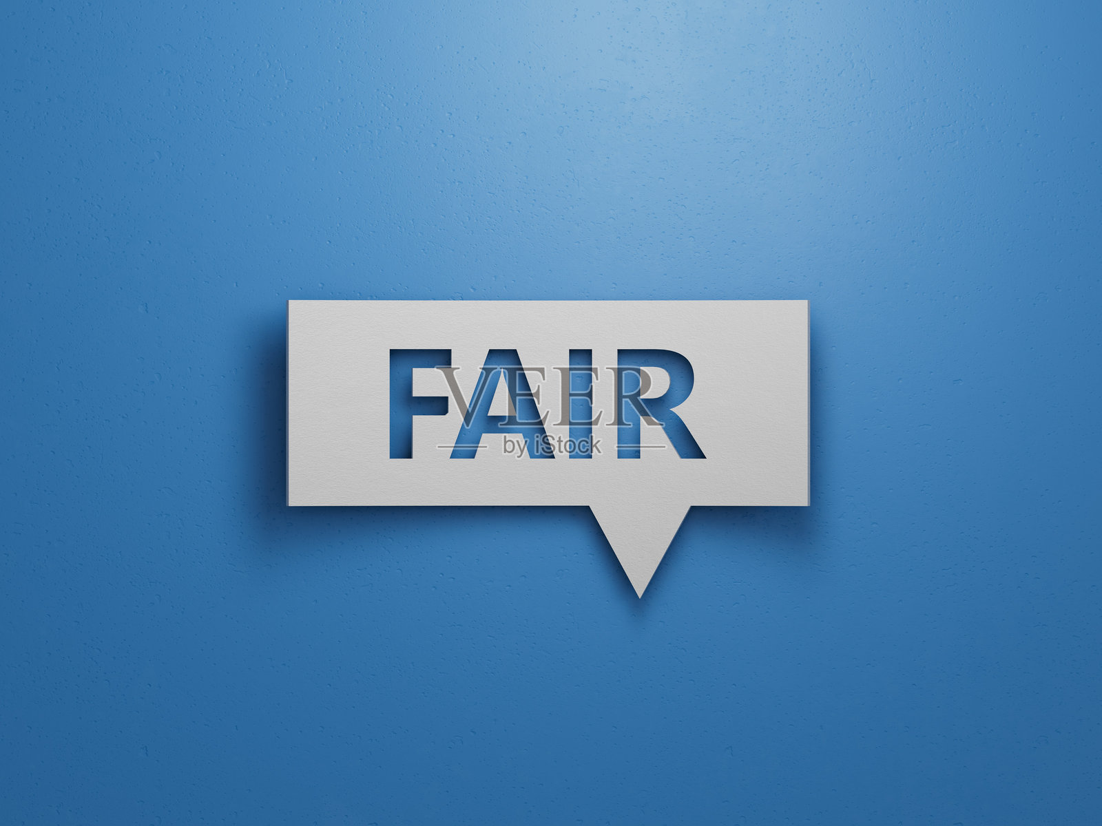 带有“公平”商业词汇的对话框块。极简抽象设计，白色剪纸效果。蓝色背景上的3D渲染。照片摄影图片