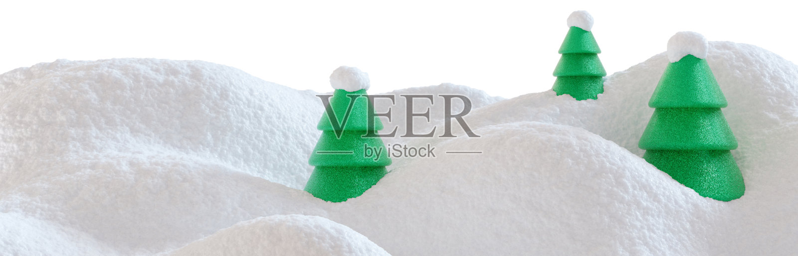 覆盖着雪的风景，柔软蓬松的雪堆和绿色的冷杉树，孤立在白色背景上。非常适合用作冬季主题设计、节日促销和季节性图形的底部。3D效果。照片摄影图片