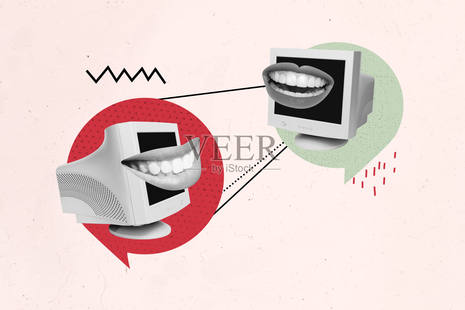 复合趋势艺术作品草图，3D照片拼贴，过时的电脑显示器，抽象的嘴唇，无面孔的微笑，远程工作的朋友们照片摄影图片