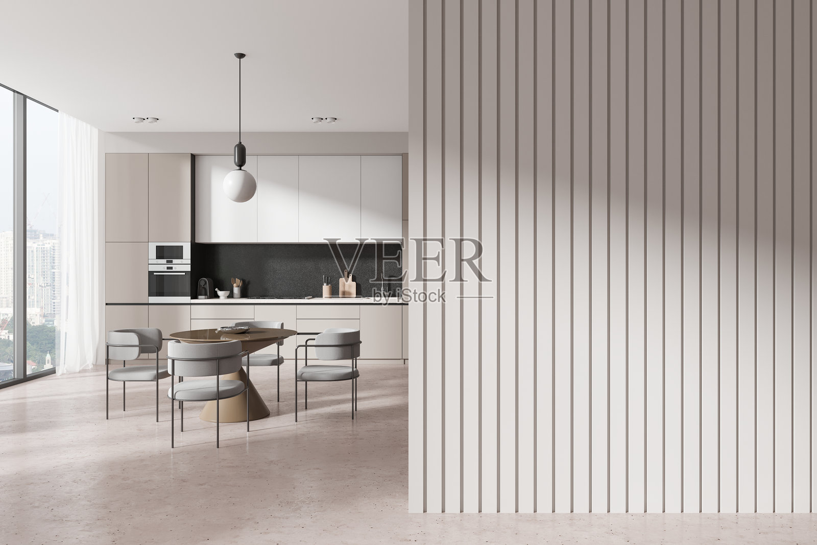 现代厨房餐厅，带有竖条纹墙面模型和简约家具布局。3D渲染图照片摄影图片