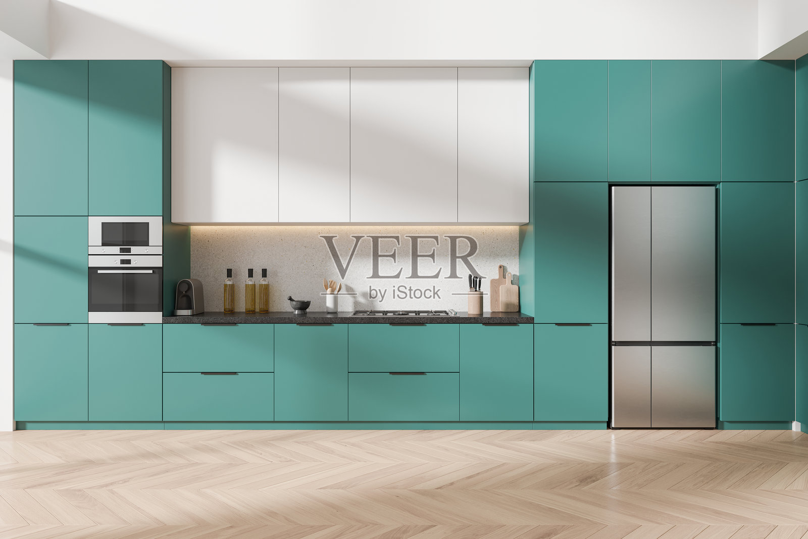 家居厨房内部，配有绿色烹饪橱柜和厨房用具照片摄影图片