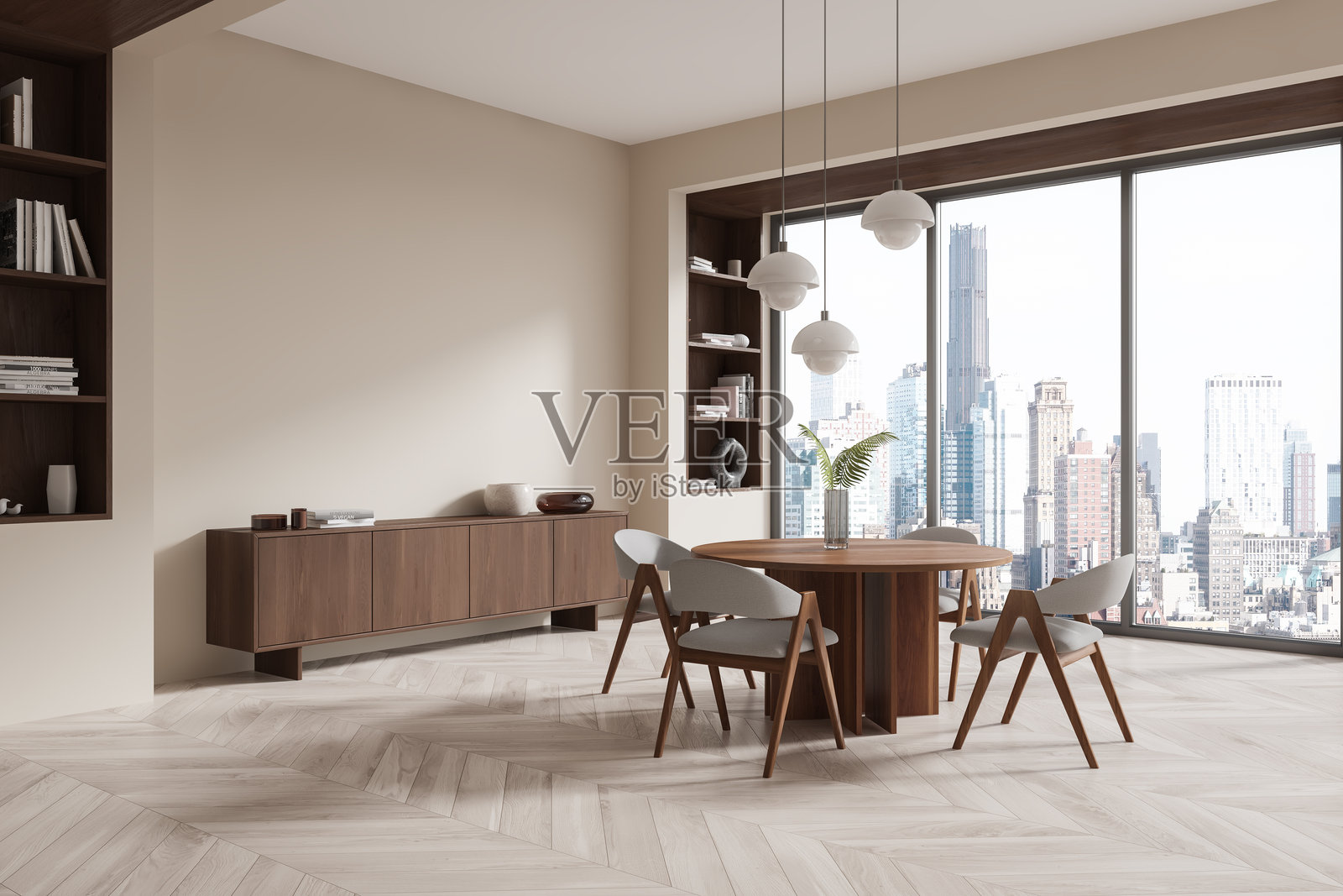 现代餐厅，配有木质桌椅，大窗户可俯瞰城市景观，中性色调，优雅设计。3D渲染图照片摄影图片