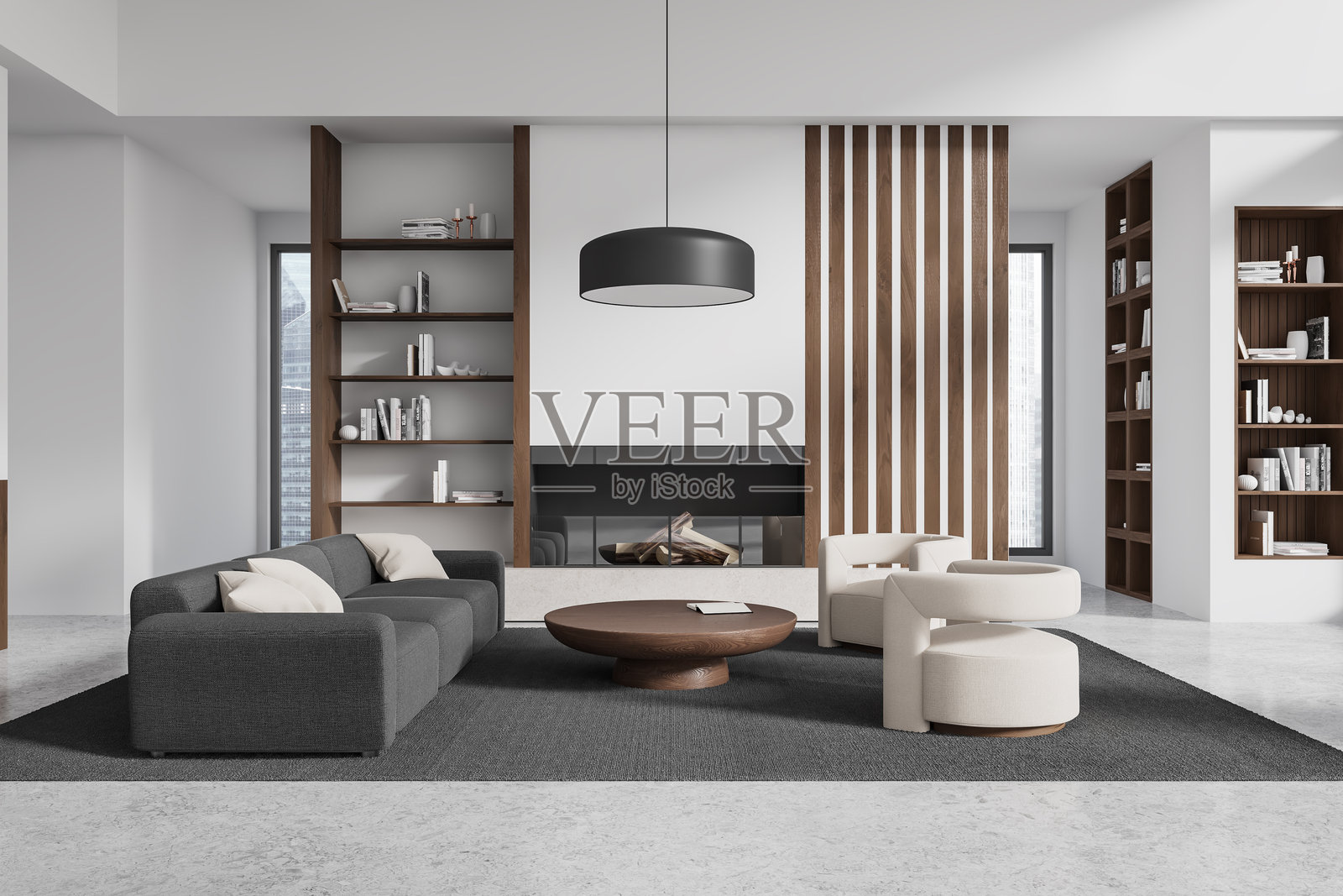 现代简约风格的客厅，配有深色家具和木质装饰。3D渲染图照片摄影图片