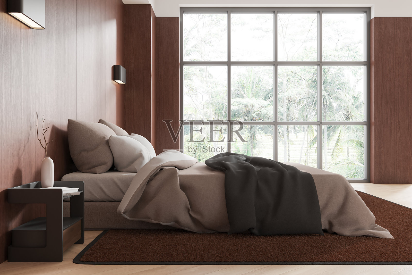 Minimalist bedroom with wooden walls and a large window. Neutral tones and cozy bedding enhance the modern design. 3D Rendering照片摄影图片