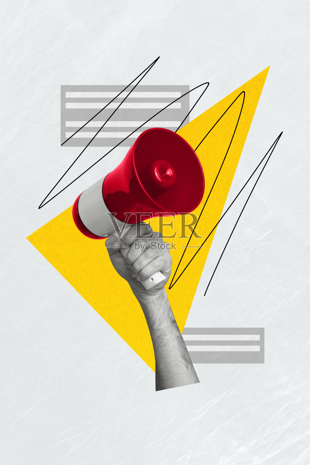 手握扩音器的垂直照片拼贴，宣告重要信息，背景为纸张纹理。照片摄影图片