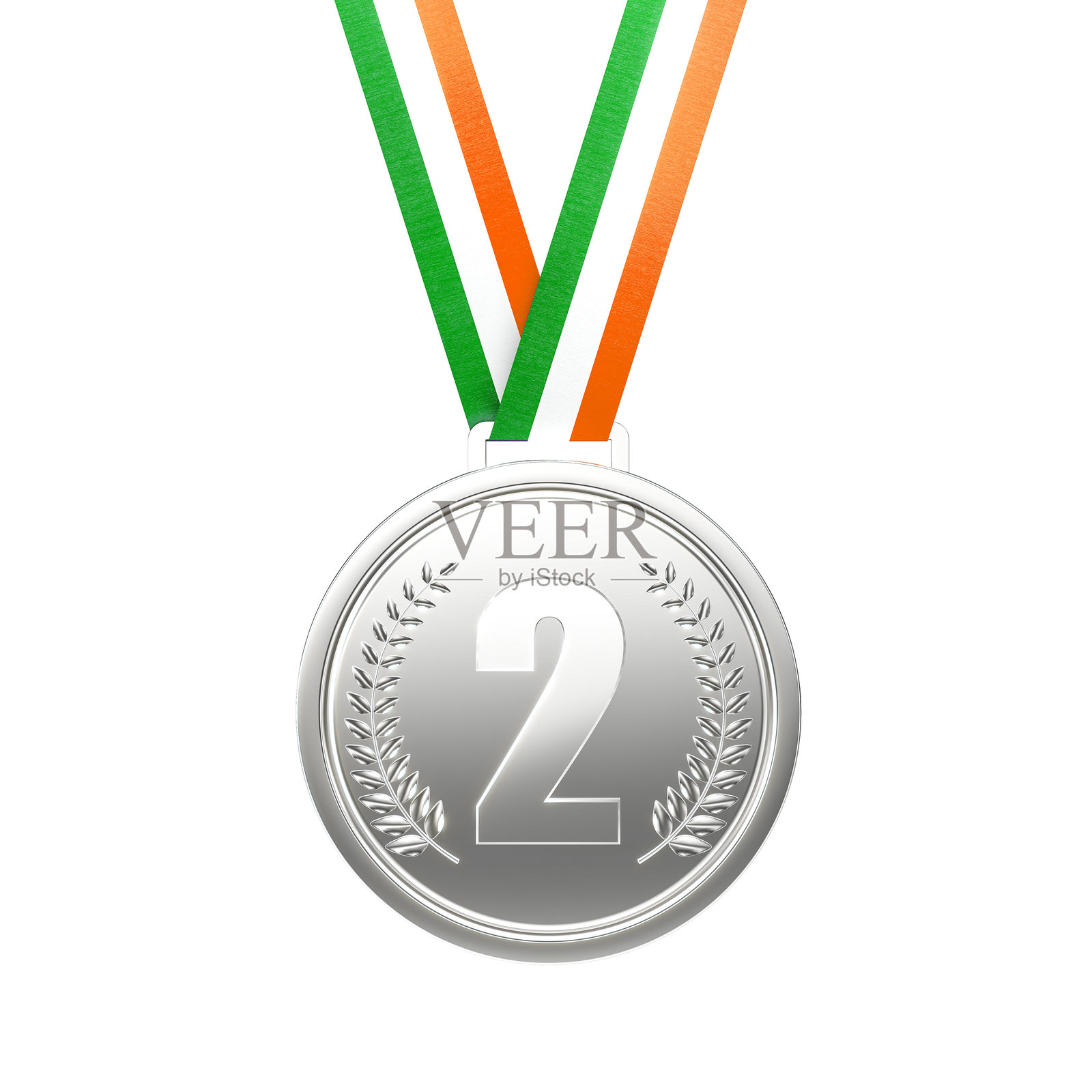 银牌悬挂在橙色、白色和绿色的丝带上，象征着第二名。照片摄影图片