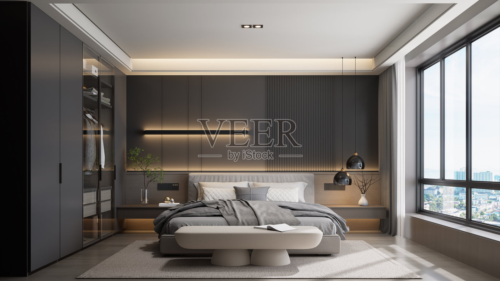 3D渲染现代公寓，优雅卧室风格，城市景观照片摄影图片
